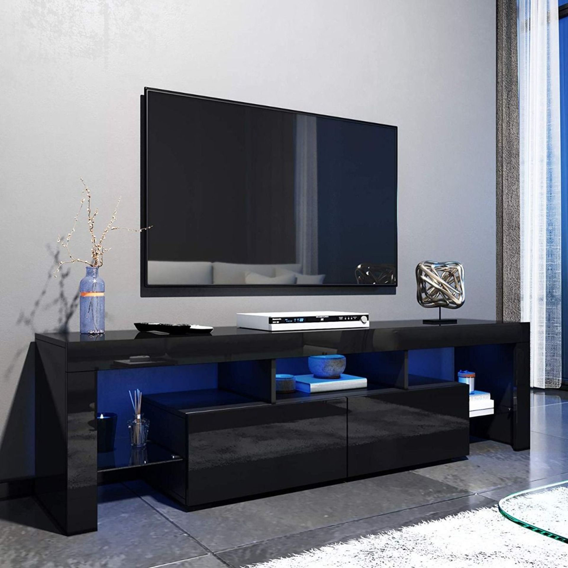 BLACK MODERN 160CM TV UNIT CABINET TV STAND HIGH GLOSS DOORS WITH FREE LEDS