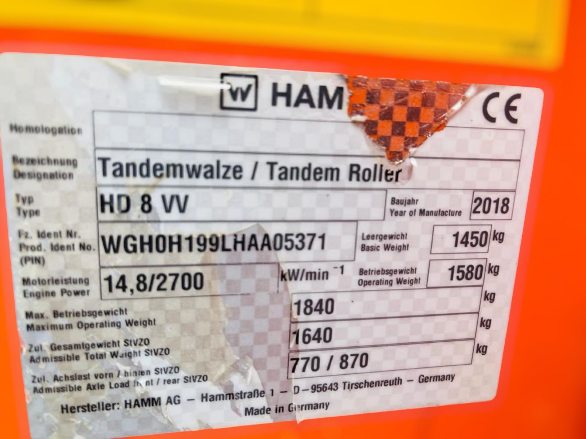 HAMM HD 8 VV TANDEM ROLLER YEAR 2018 219 HOURS - Image 7 of 8
