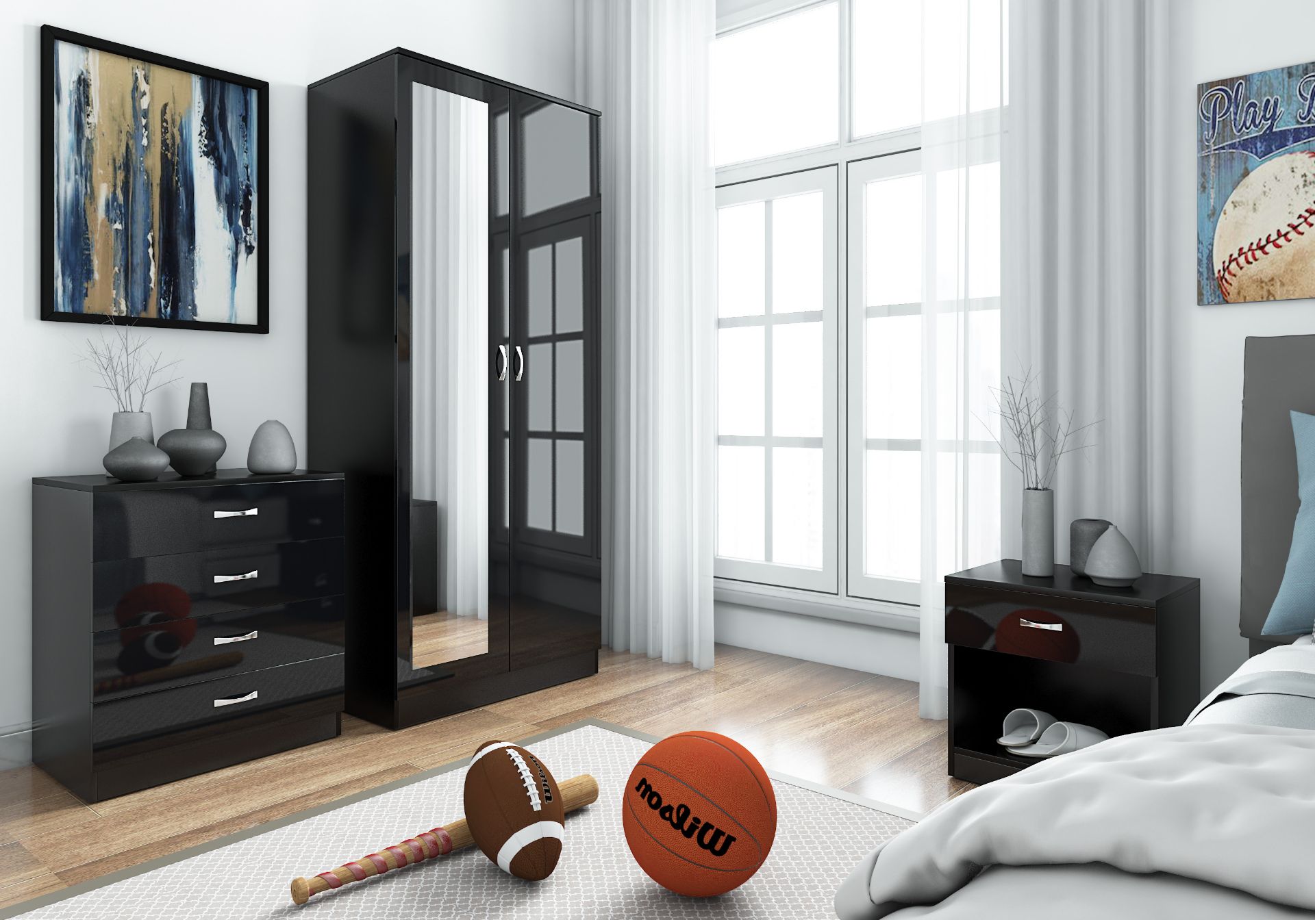 BLACK MIRRORED HIGH GLOSS BEDROOM FURNITURE SET - 2 DOOR WARDROBE, CHEST & BEDSIDE BRAND NEW