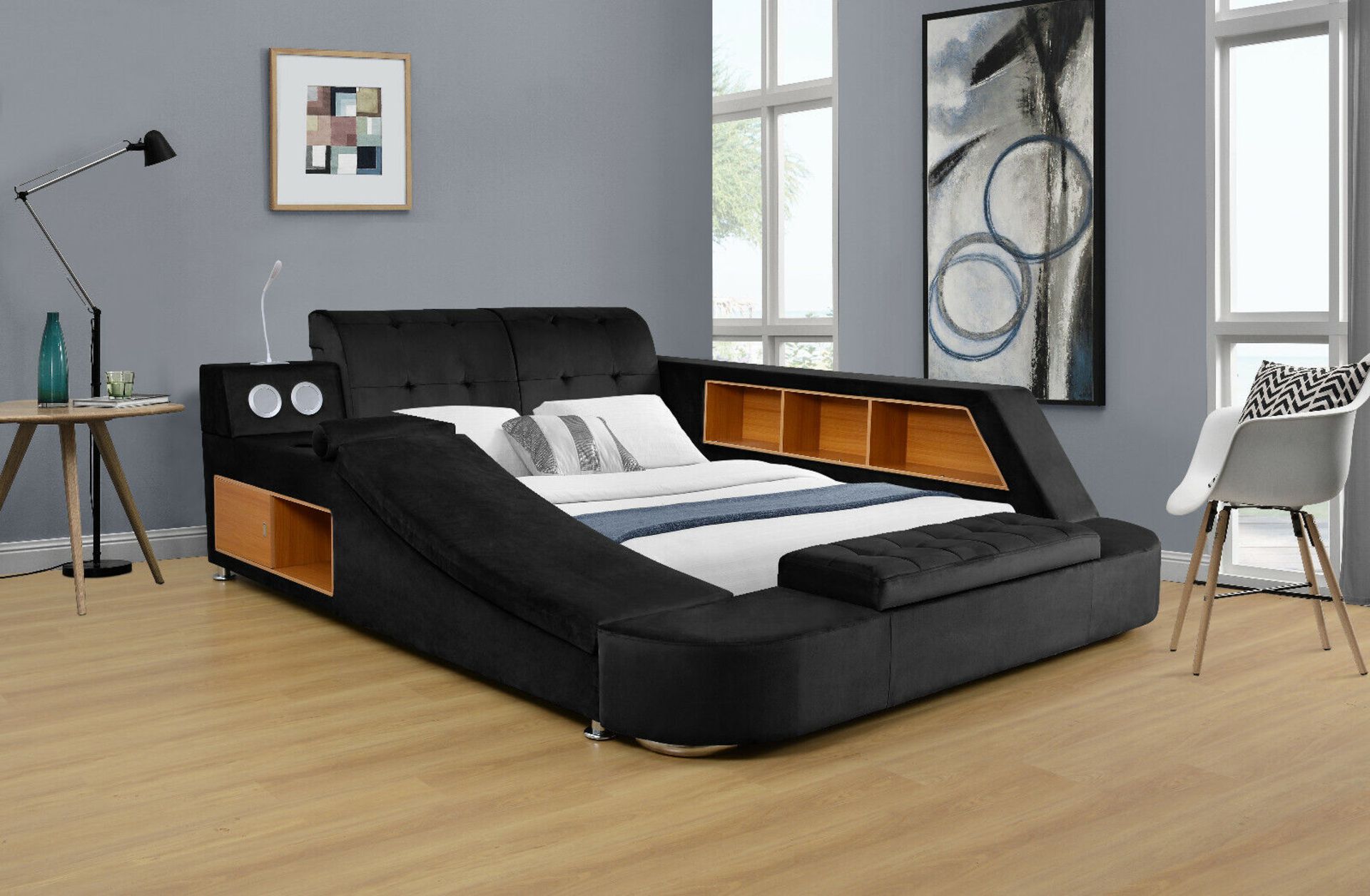 SUPER KING SIZED PLUSH VELVET BED WITH MASSAGE, SPEAKERS, LIGHT, STORAGE, SAFE RRP 2499.99