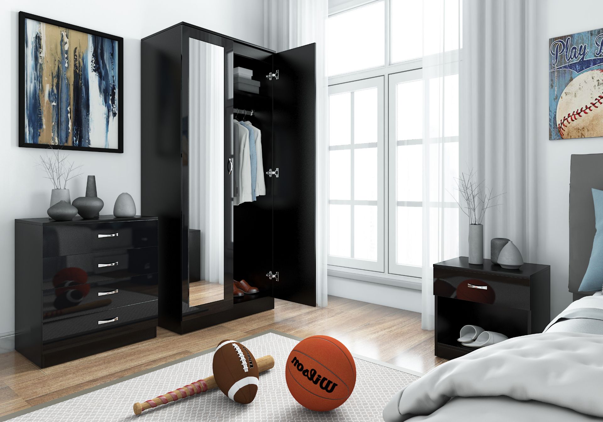 BLACK MIRRORED HIGH GLOSS BEDROOM FURNITURE SET - 2 DOOR WARDROBE, CHEST & BEDSIDE BRAND NEW - Image 2 of 7