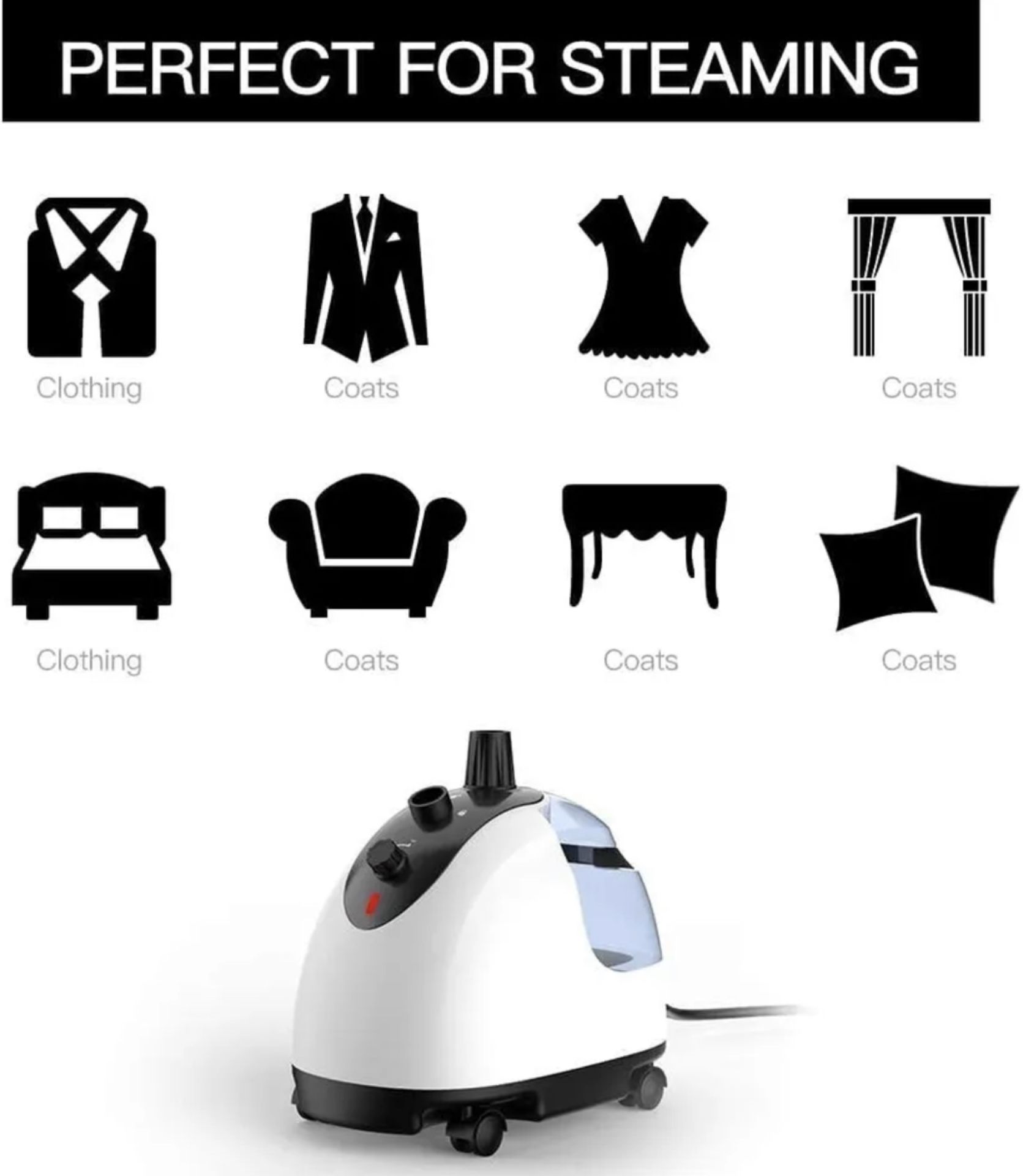 BRAND NEW PROFESSIONAL HEAVY DUTY HANGING CLOTHES STEAMER,1.2 L (40OZ) WHITE/BLACK - Image 2 of 5