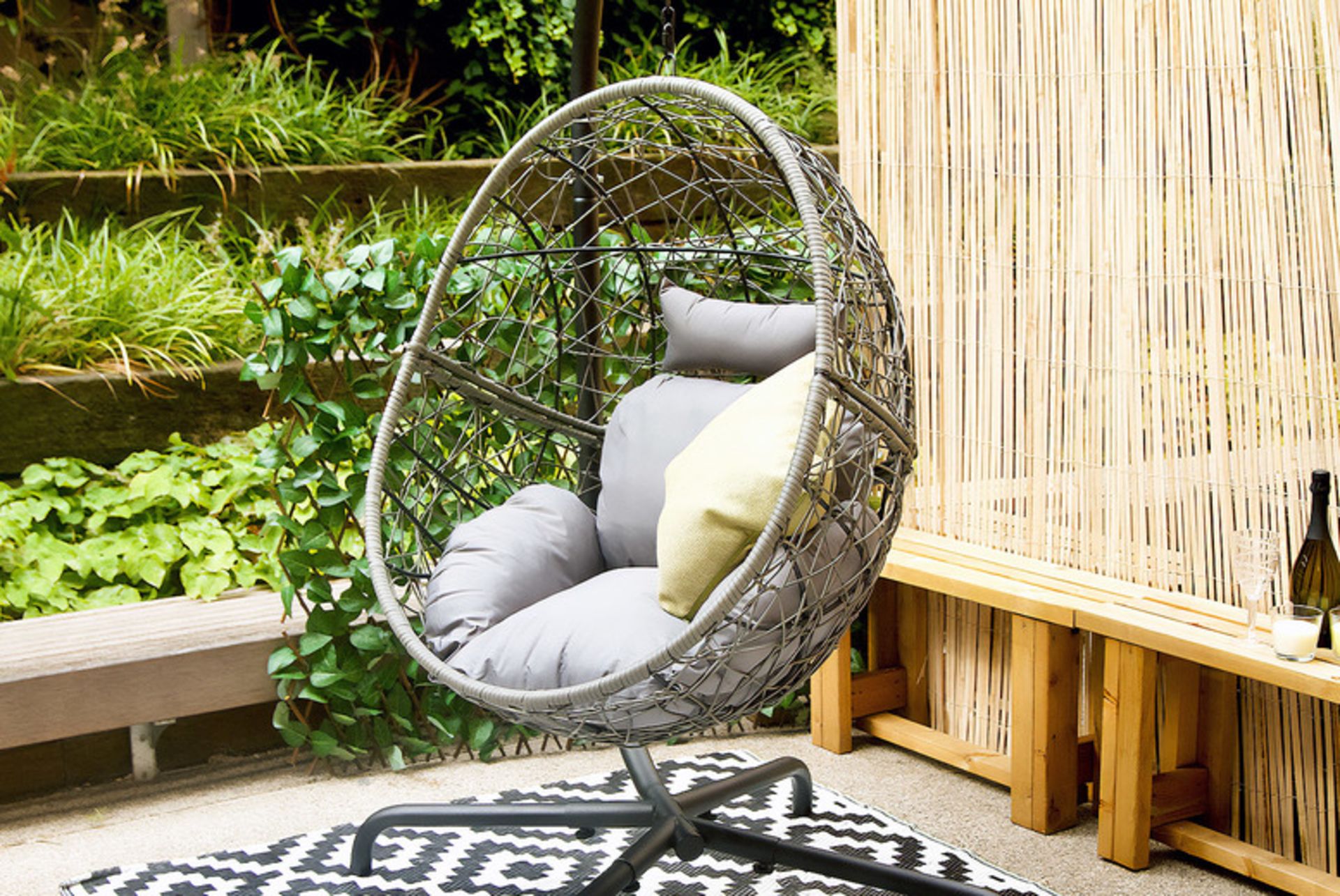 NEW RATTAN HANGING EGG CHAIR WITH A CUSHION AND PILLOW - GREY