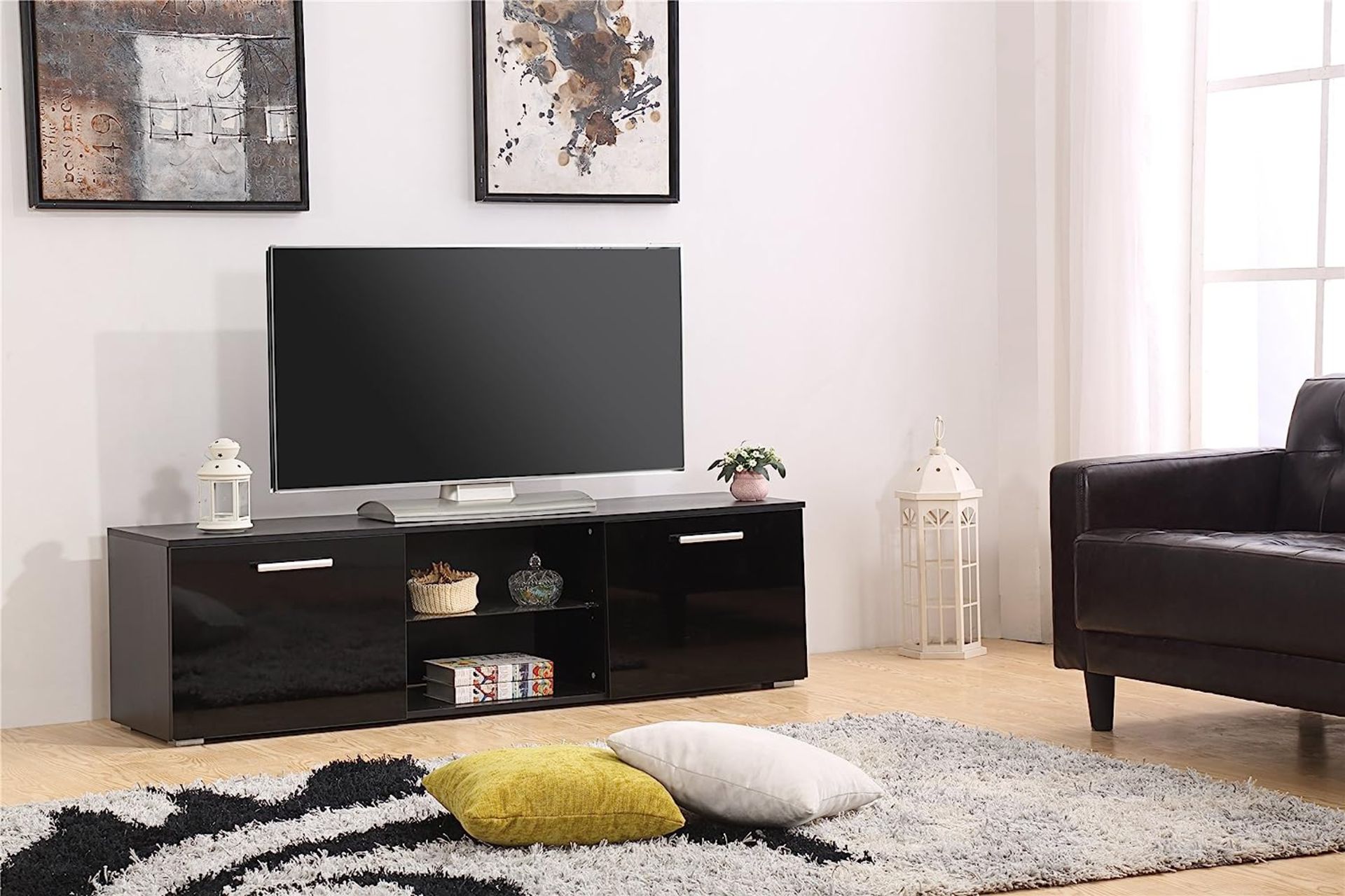 HARMIN MODERN 160CM TV STAND CABINET UNIT WITH HIGH GLOSS DOORS (BLACK ON BLACK) - Image 2 of 9
