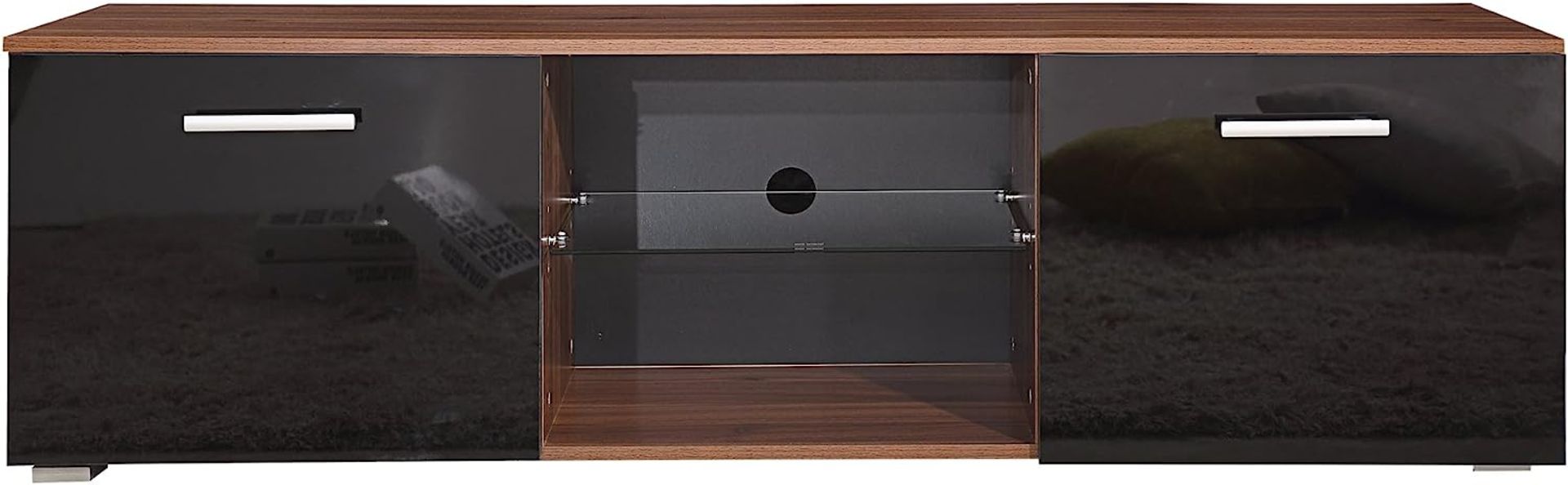 HARMIN MODERN 160CM TV STAND CABINET UNIT WITH HIGH GLOSS DOORS (BLACK ON WALNUT) - Image 4 of 9