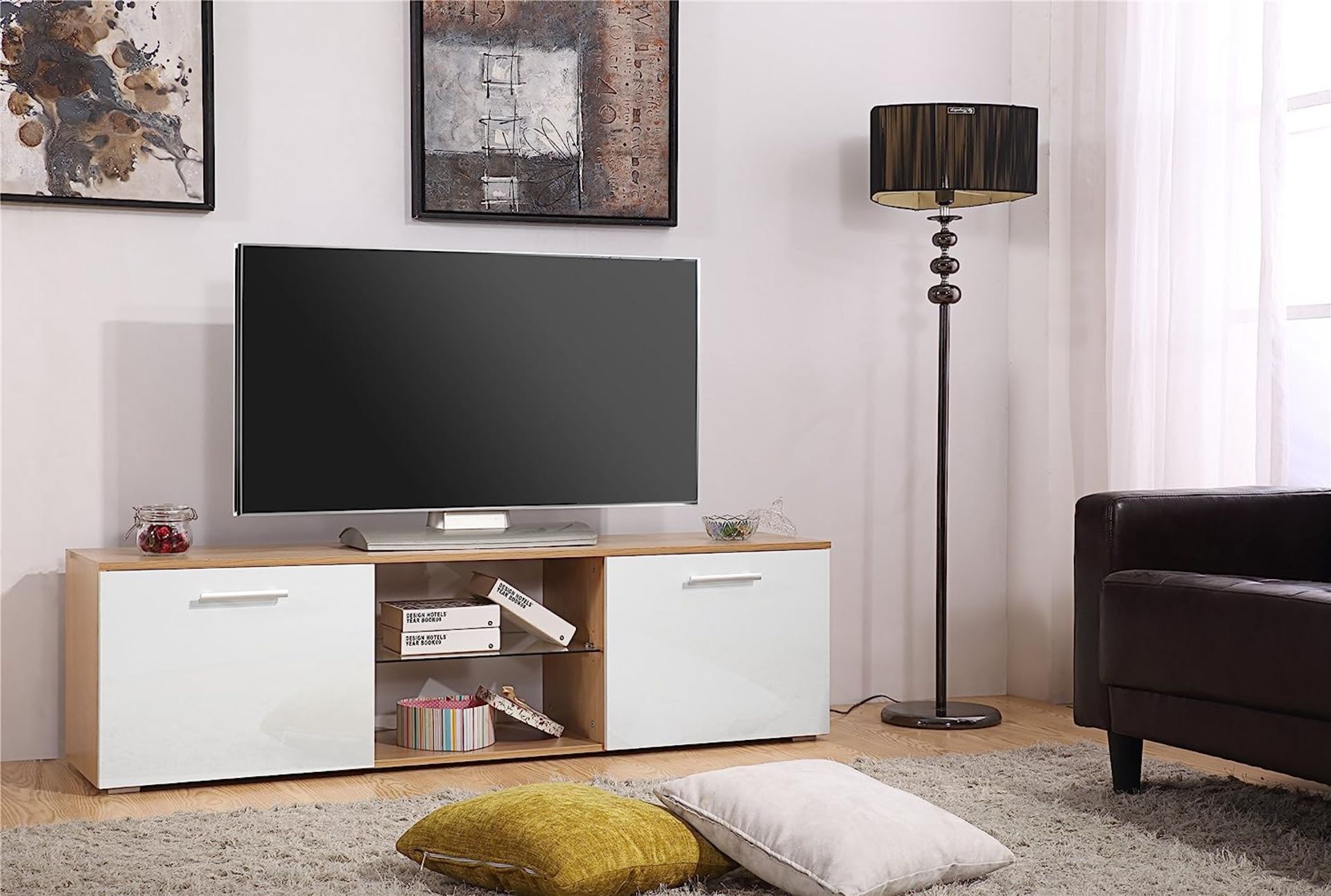 HARMIN MODERN 160CM TV STAND CABINET UNIT WITH HIGH GLOSS DOORS (WHITE ON OAK) - Image 2 of 9