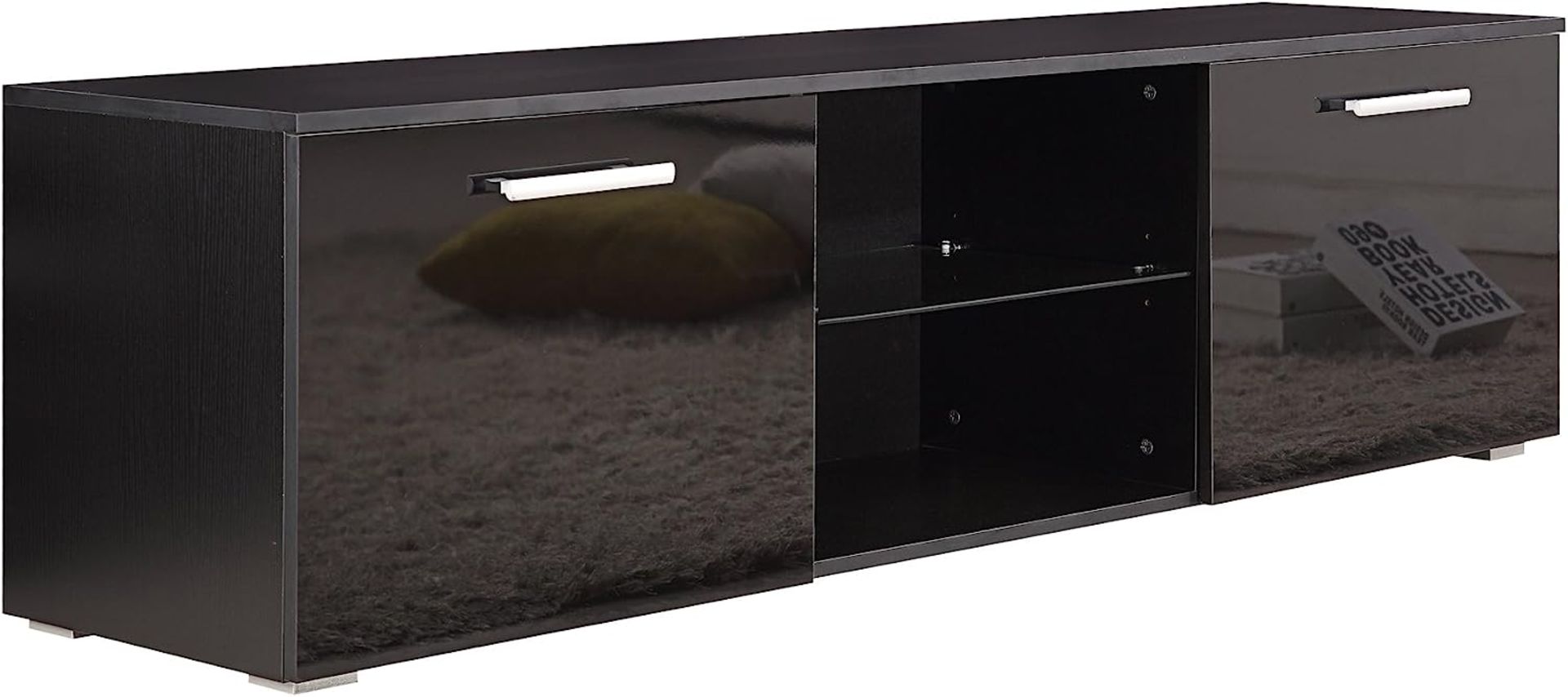 HARMIN MODERN 160CM TV STAND CABINET UNIT WITH HIGH GLOSS DOORS (BLACK ON BLACK) - Image 4 of 9