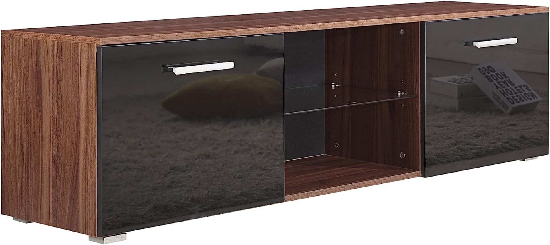 HARMIN MODERN 160CM TV STAND CABINET UNIT WITH HIGH GLOSS DOORS (BLACK ON WALNUT) - Image 3 of 9