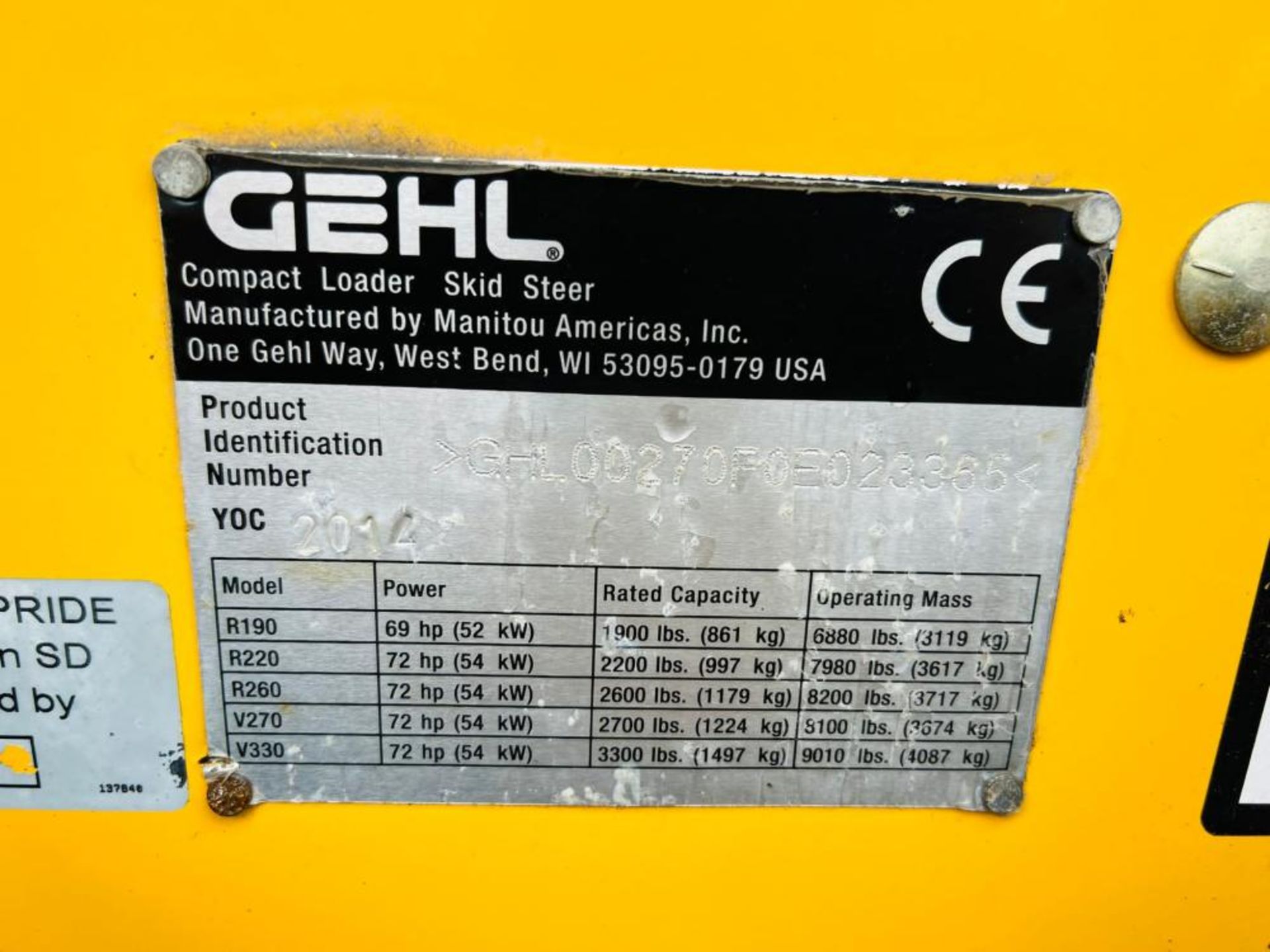 GEHL V270 4WD SKIDSTEER * HIGH LIFT , YEAR 2014 , 1441 HOURS - Image 12 of 18