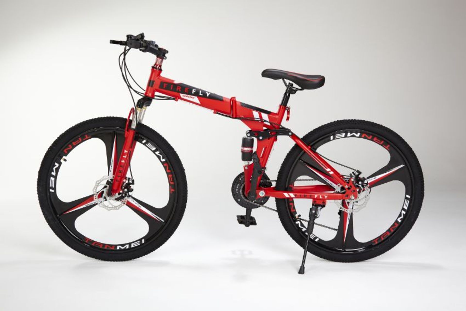 FULL SUSPENSION RED FIREFLY FOLDING 21 GEAR MOUNTAIN BIKE 3 SPOKE 26" WHEELS