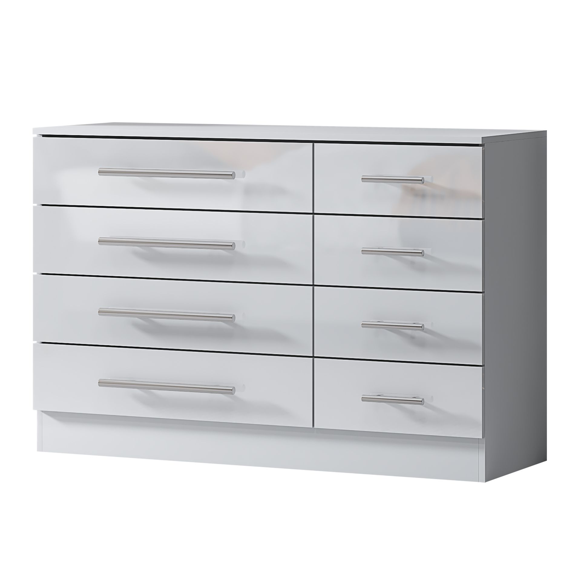 WHITE 8 DRAWER CHEST WITH HIGH GLOSS FRONTS AND METAL HANDLES