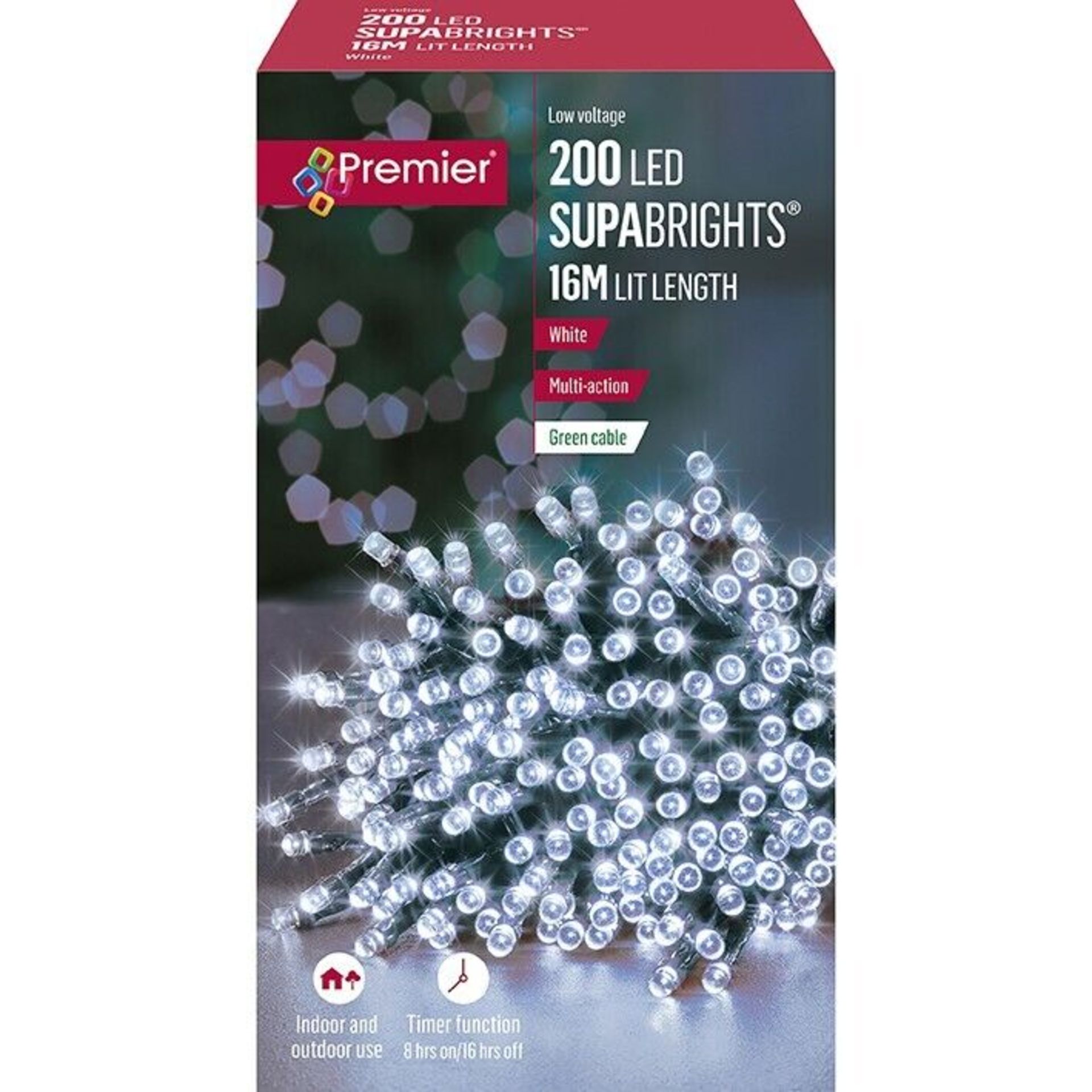 PREMIER 200 LED MULTI-ACTION SUPABRIGHTS CHRISTMAS TREE LIGHTS WITH TIMER WHITE