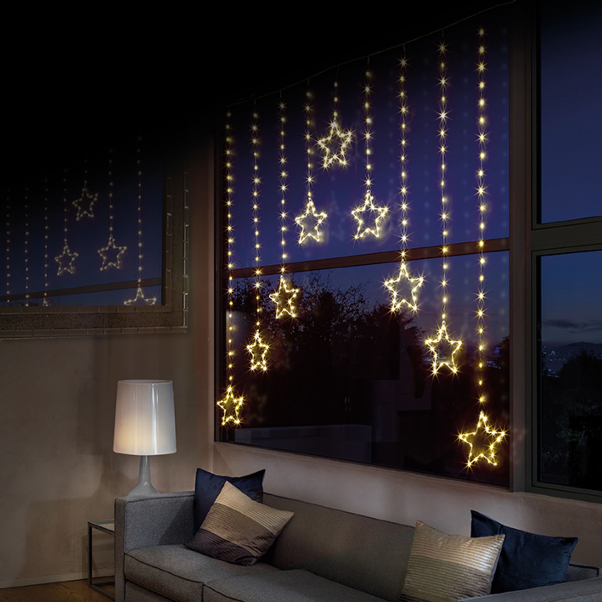 1.2M PREMIER CHRISTMAS STATIC STAR LED SILVER PIN WIRE V CURTAIN LIGHTS W/WHITE - Image 3 of 3