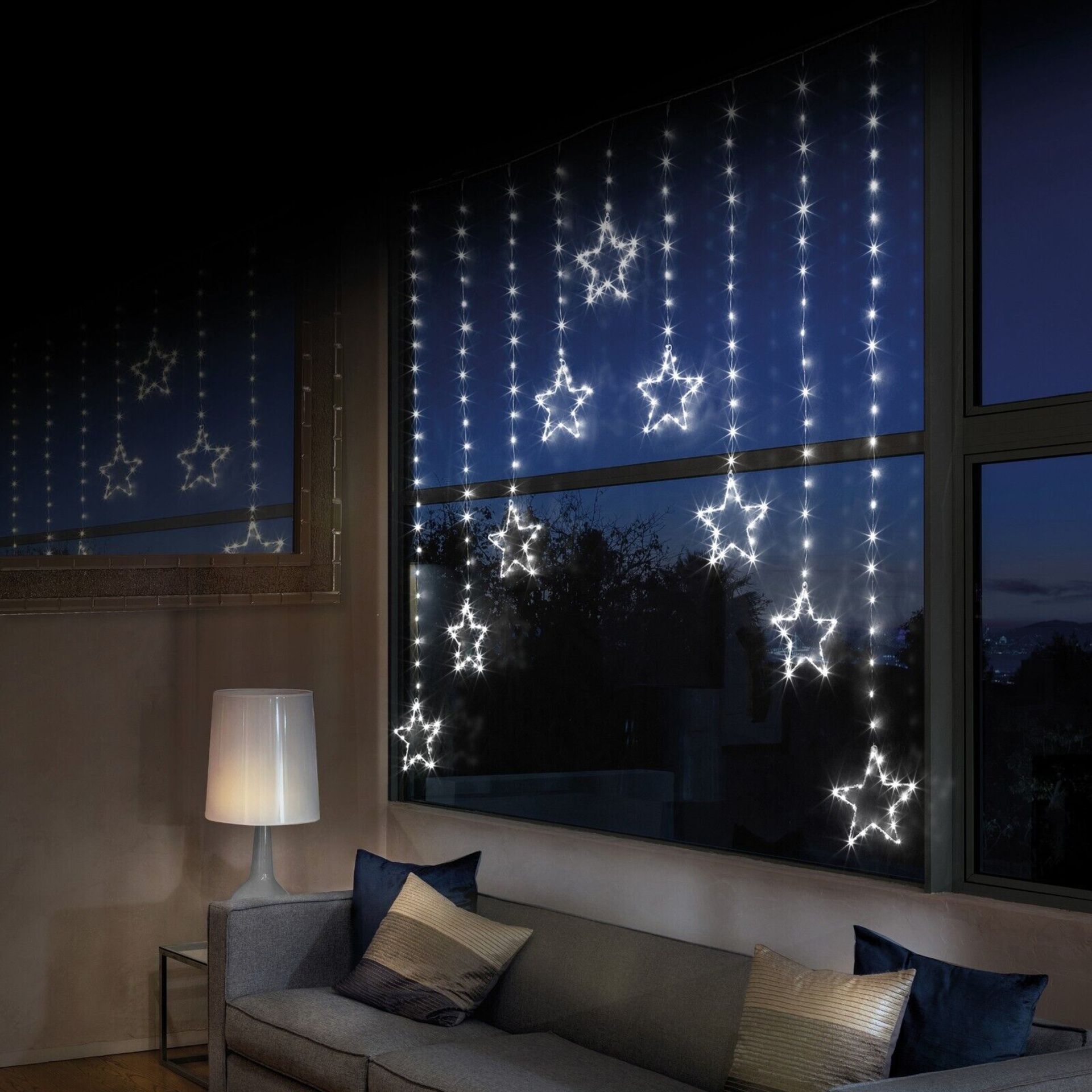 1.2M PREMIER CHRISTMAS STATIC STAR LED SILVER PIN WIRE V CURTAIN LIGHTS IN WHITE - Image 2 of 2