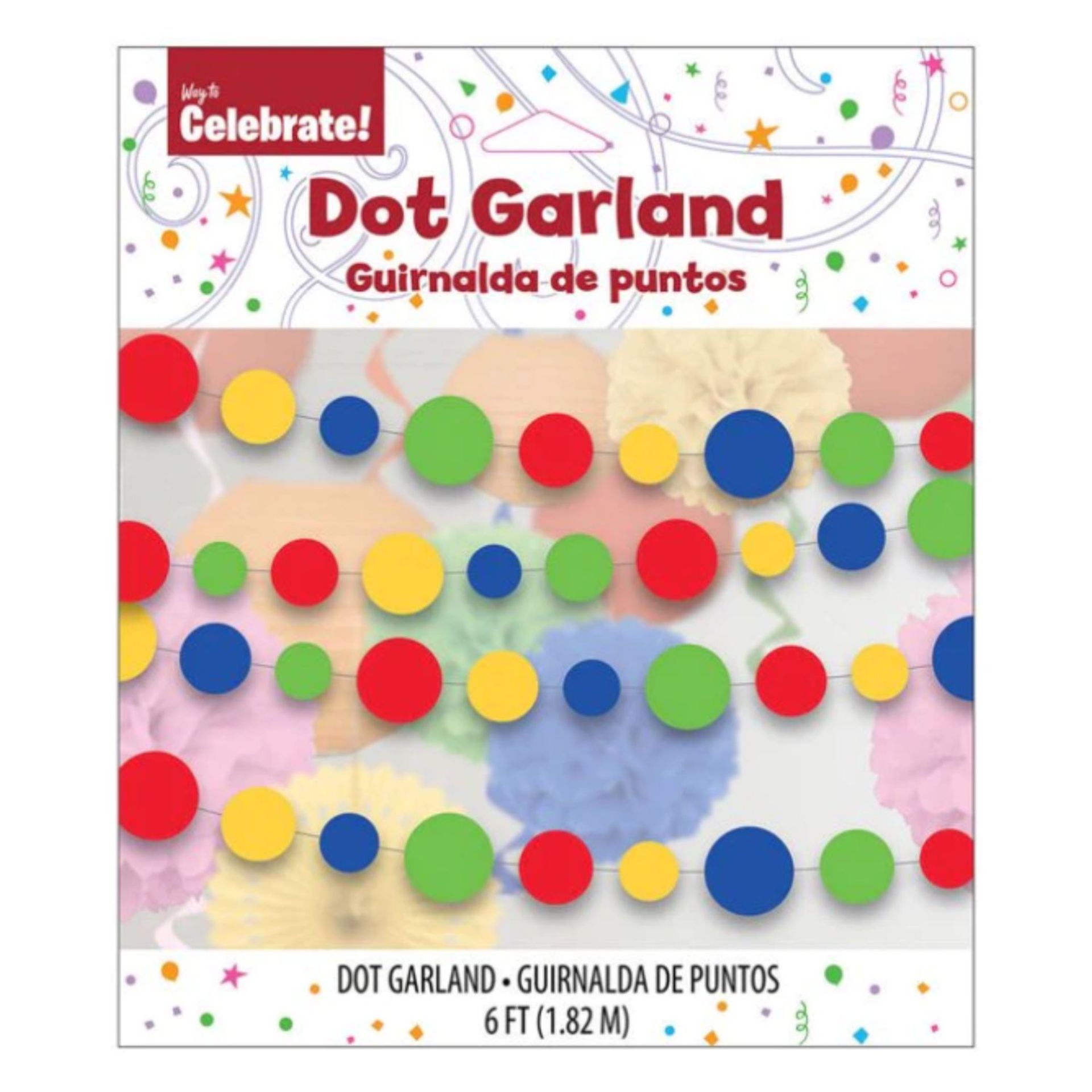 2500 PARTY SUPPLIES BOLD DOTS PAPER GARLAND, 6FT, RED, GREEN, BLUE & YELLOW RRP £25,000