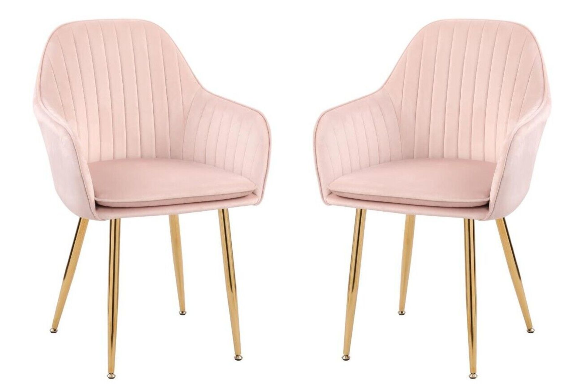 PAIR OF DESIGNER STYLISH PINK DINING CHAIRS - VELVET SEAT CUSHION GOLD LEGS RRP £249