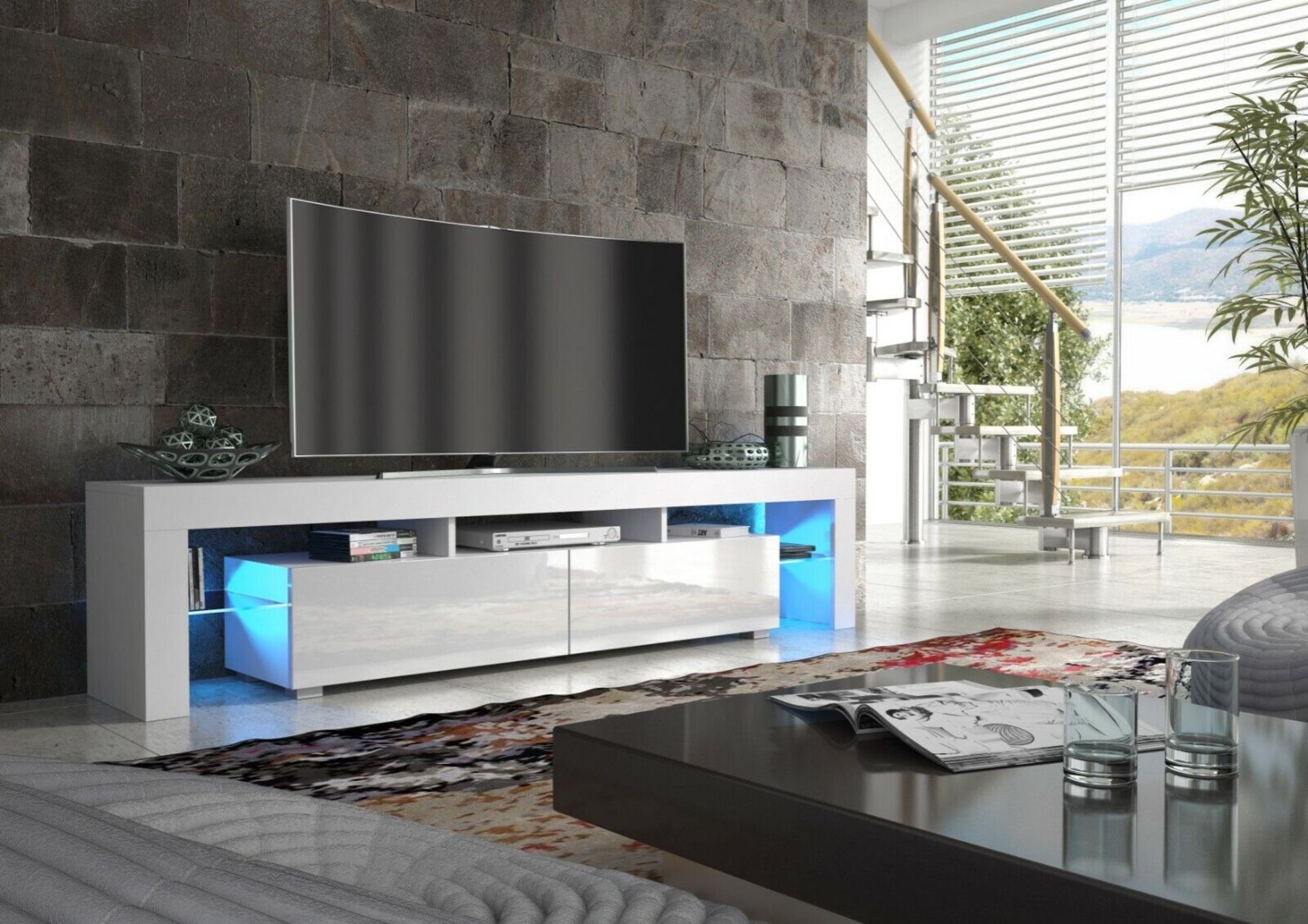 MODERN 160CM TV UNIT CABINET TV STAND HIGH GLOSS DOORS WITH FREE LEDS - Image 2 of 3