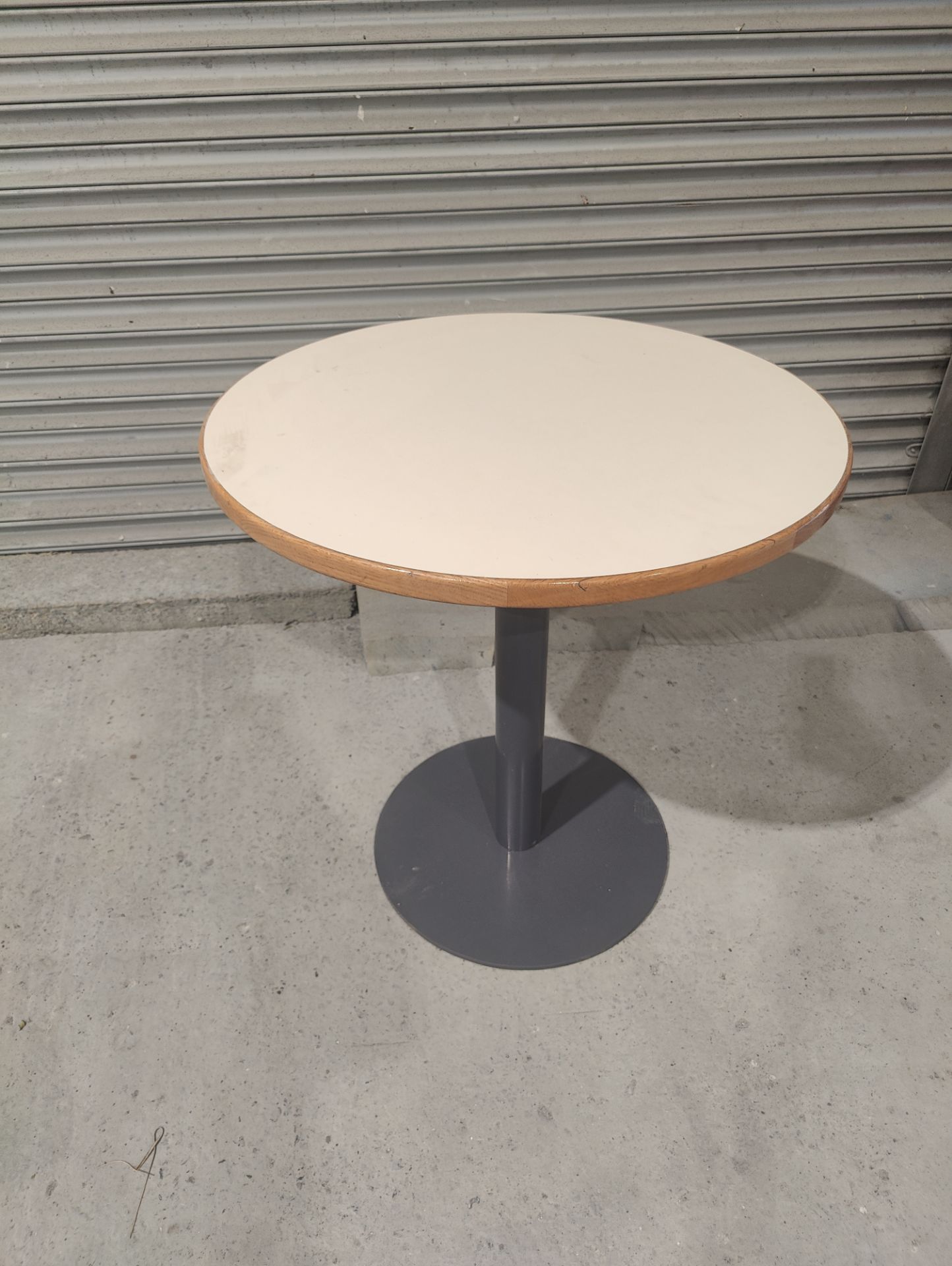 VERY HEAVY DUTY METAL AND WOOD TABLE. VERY SOLID H-80CM X 76CM DIAMETER APPROX