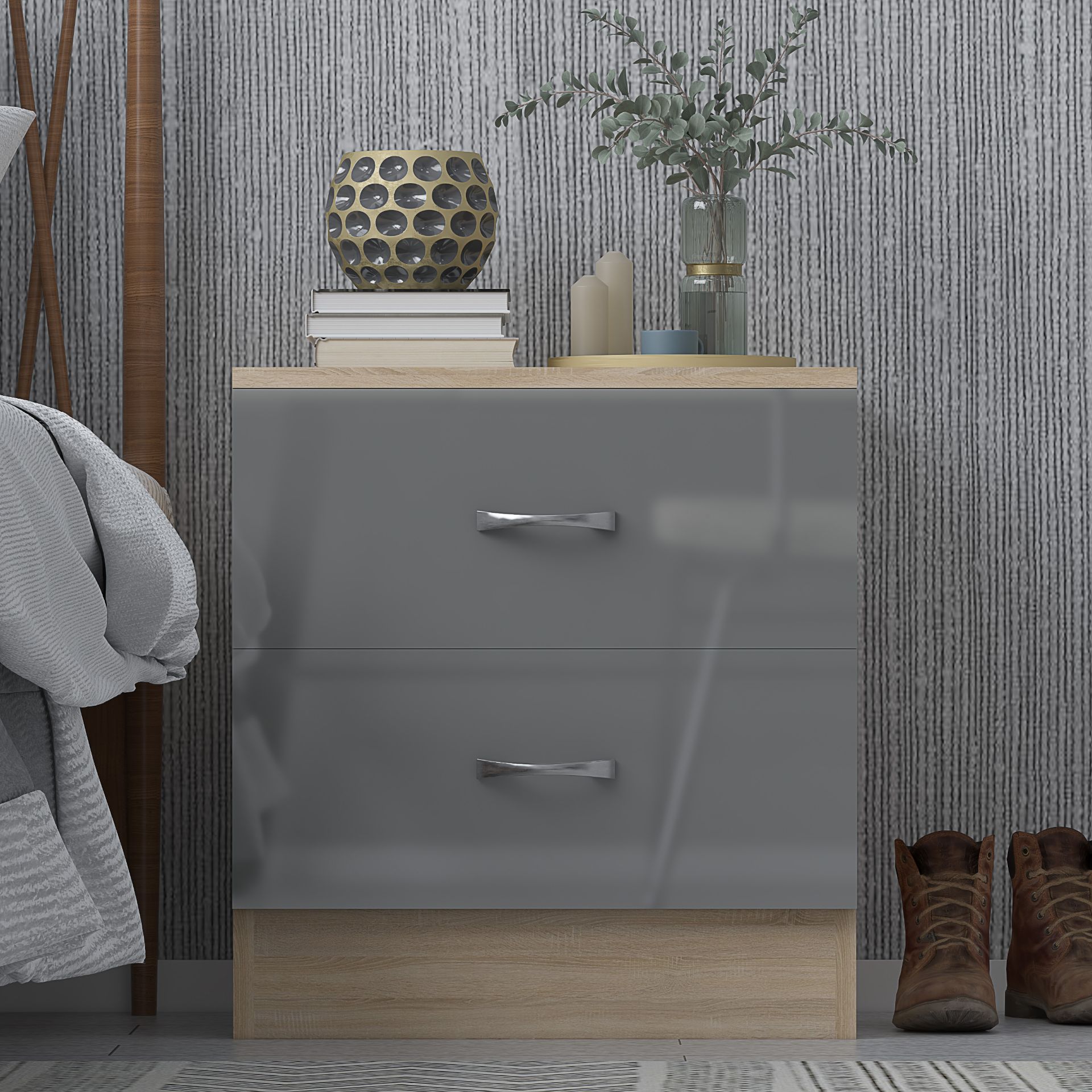 HARMIN GREY HIGH GLOSS ON OAK FRAME 2 DRAWER BEDSIDE CABINET TABLE - Image 3 of 8