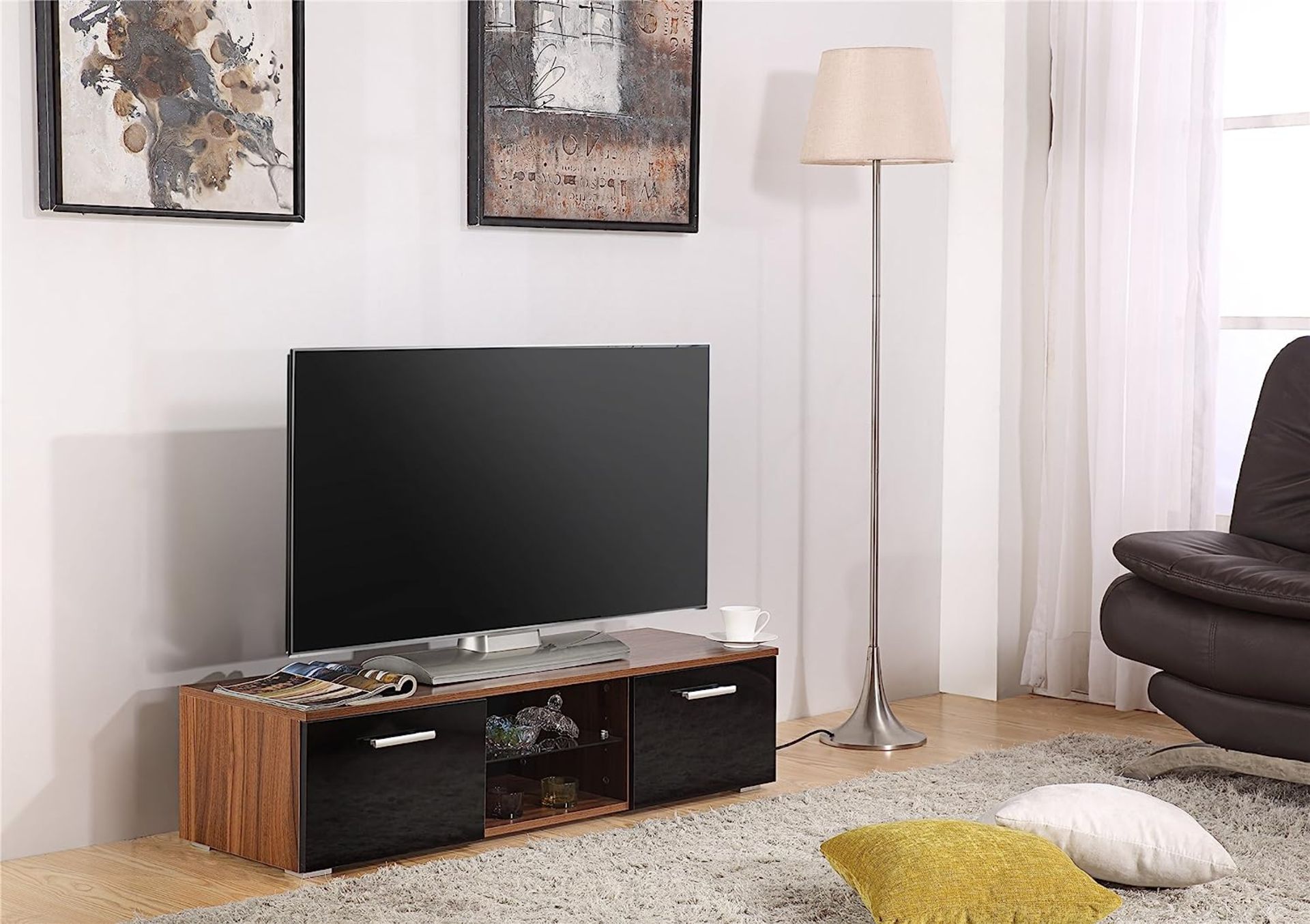 HARMIN MODERN 120CM TV STAND CABINET UNIT WITH HIGH GLOSS DOORS (BLACK ON WALNUT) - Image 2 of 8