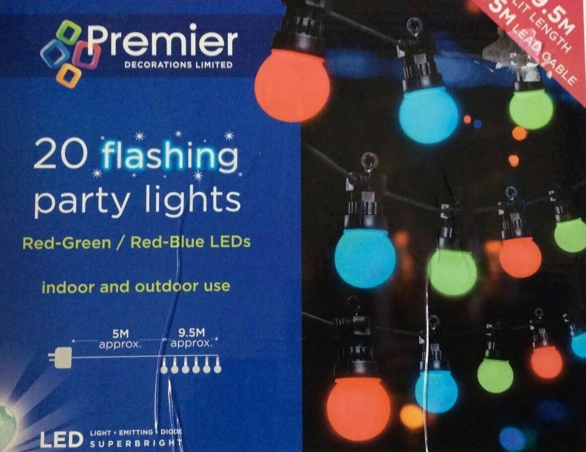 PREMIER 20 FLASHING PARTY LIGHTS 9.5M RED-GREEN RED-BLUE LED IN / OUTDOOR