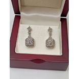 1CT DIAMOND CLUSTER HALO DROP EARRINGS 14CT WHITE GOLD + GIFT BOX + VALUATION CERTIFICATE OF £2995