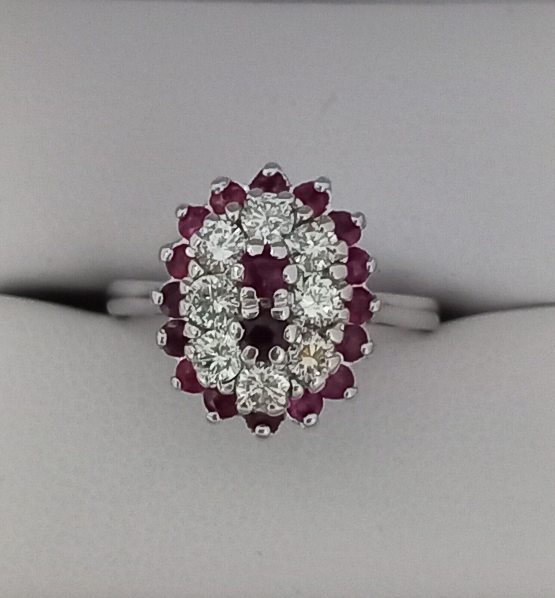 RUBY & 0.55CT DIAMOND CLUSTER RING 18CT WHITE GOLD + GIFT BOX + VALUATION CERTIFICATE OF £3500 - Image 3 of 7