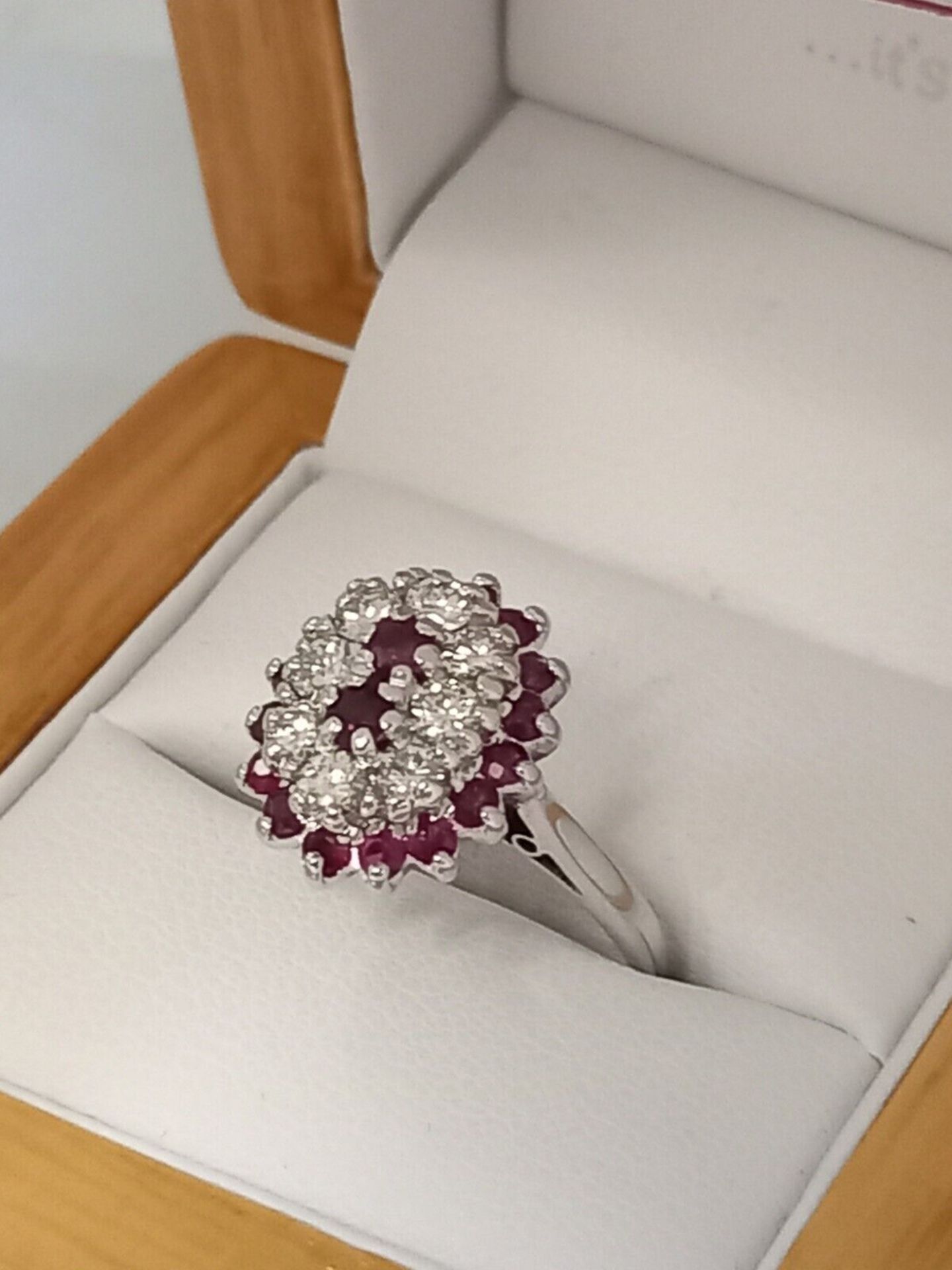RUBY & 0.55CT DIAMOND CLUSTER RING 18CT WHITE GOLD + GIFT BOX + VALUATION CERTIFICATE OF £3500 - Image 4 of 7