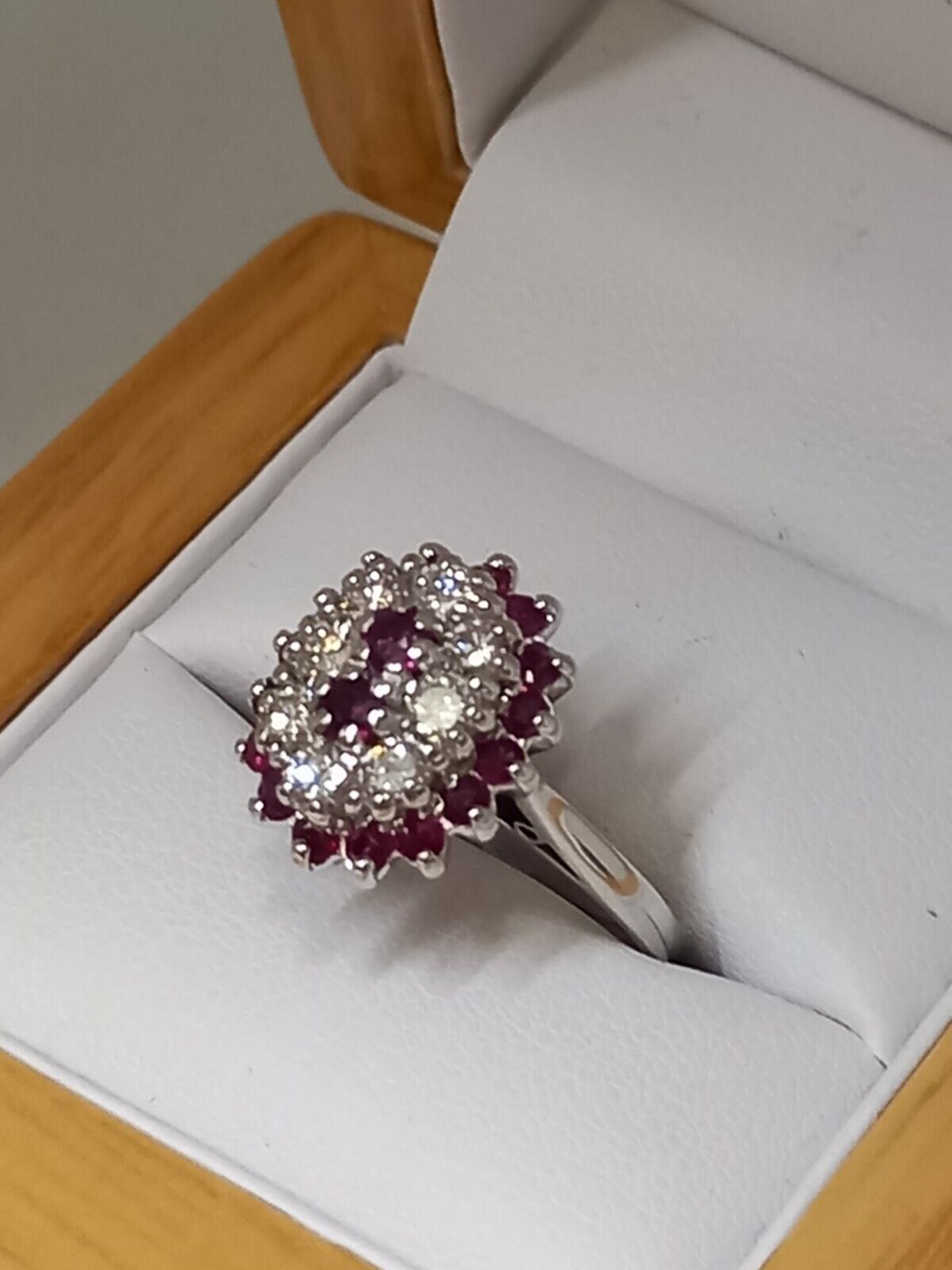 RUBY & 0.55CT DIAMOND CLUSTER RING 18CT WHITE GOLD + GIFT BOX + VALUATION CERTIFICATE OF £3500 - Image 2 of 7