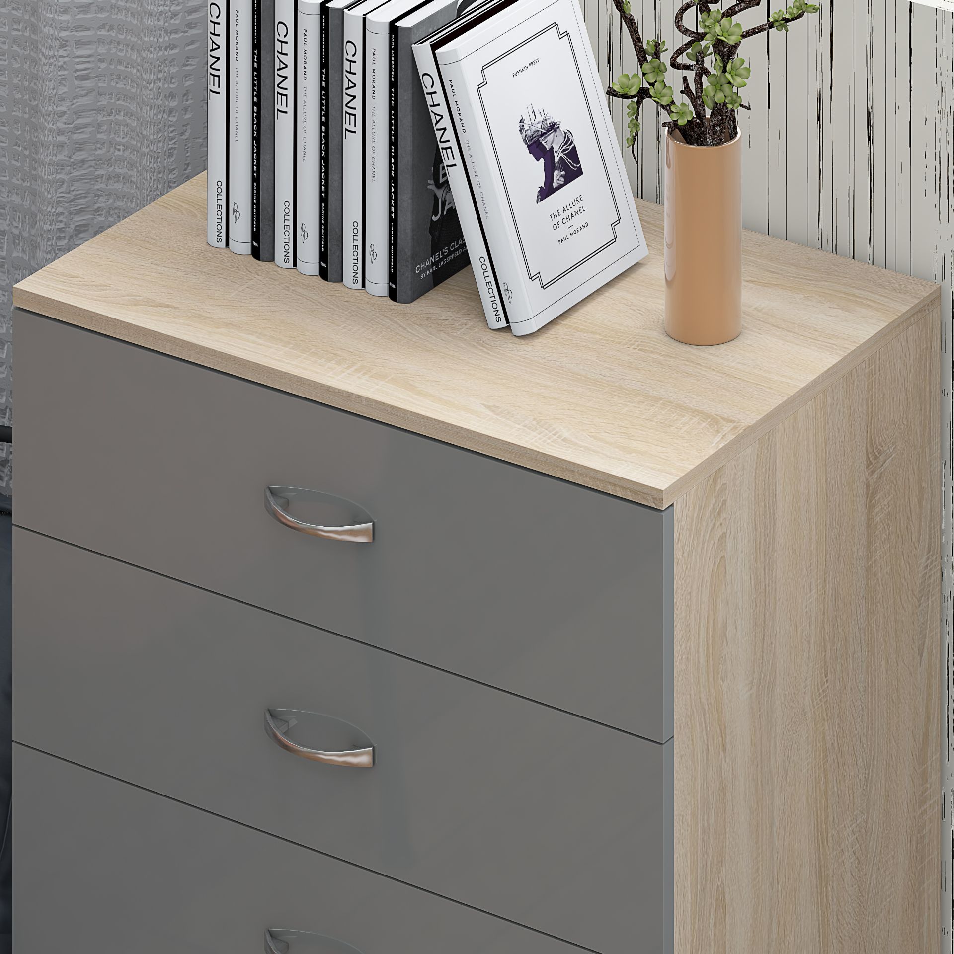 JOBLOT OF 10 X STUNNING CHEST OF DRAWERS - HIGH GLOSS GREY ON SONOMA OAK FRAME - Image 4 of 7