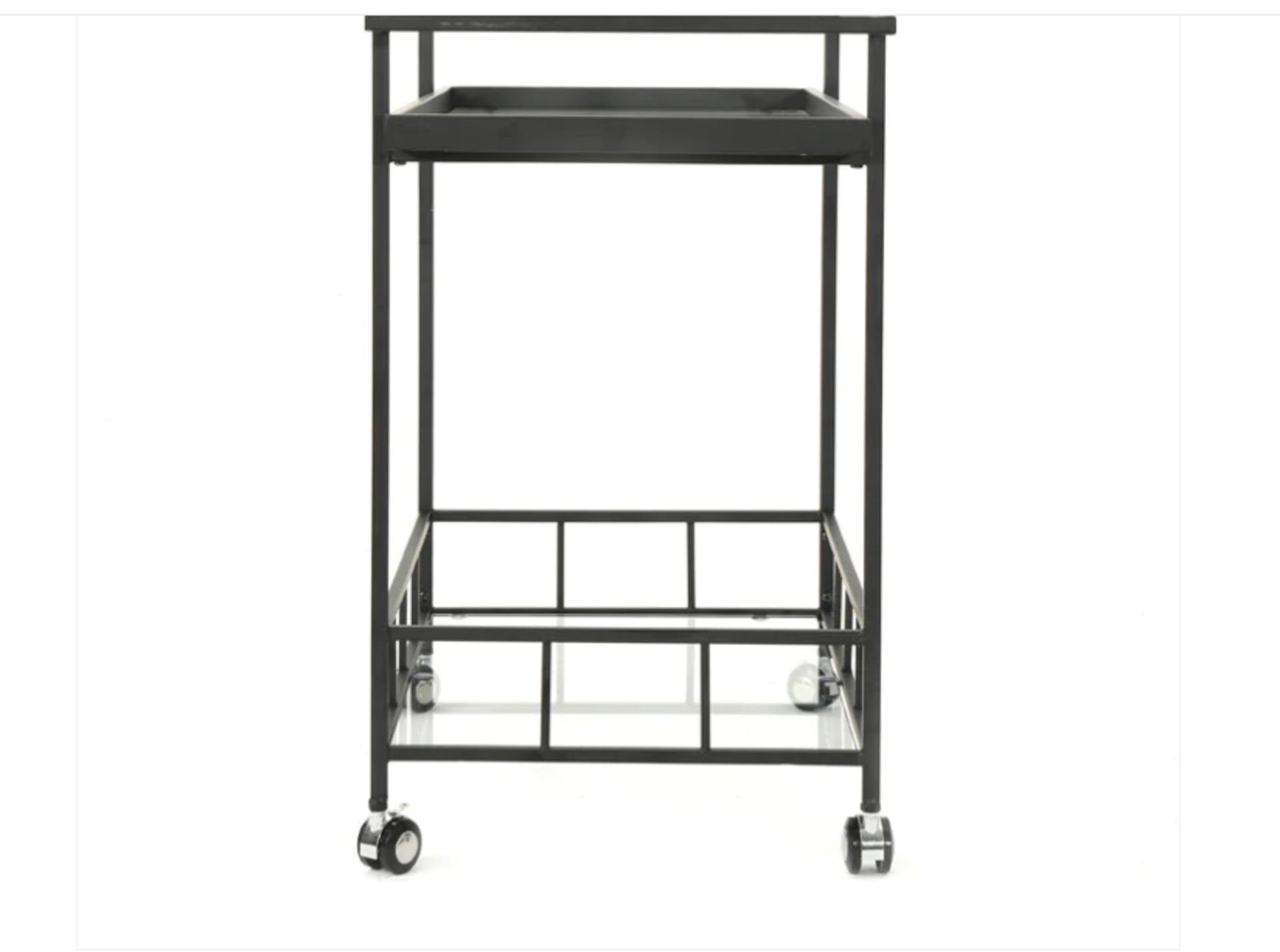 **(BRAND NEW SEALED BOX)** INDOOR INDUSTRIAL BLACK IRON BAR CART WITH TEMPERED GLASS SHELVES - Image 2 of 2