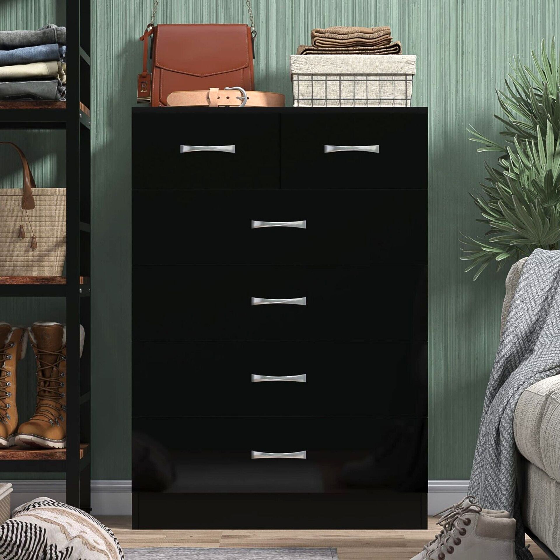 HIGH GLOSS BLACK 6 DRAWER SIDEBOARD / CUPBOARD / BUFFET / CHEST - Image 5 of 7