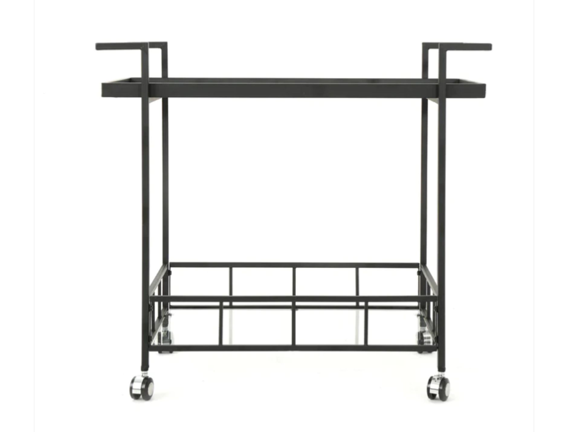 **(BRAND NEW SEALED BOX)** INDOOR INDUSTRIAL BLACK IRON BAR CART WITH TEMPERED GLASS SHELVES