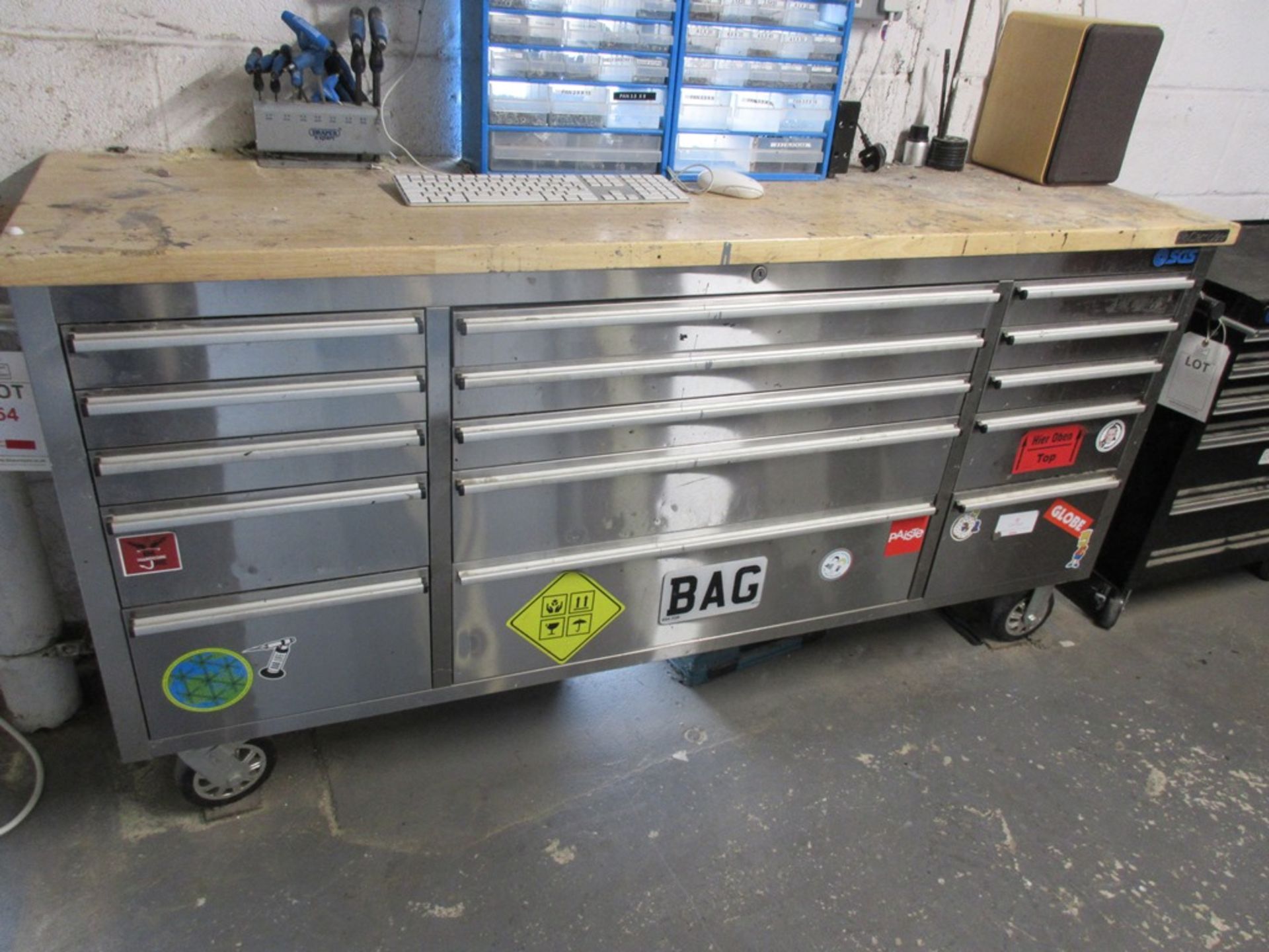 SGS 15 drawer mobile tool cabinet with timber top, 1803mm 490mm - excluding contents - Image 2 of 3