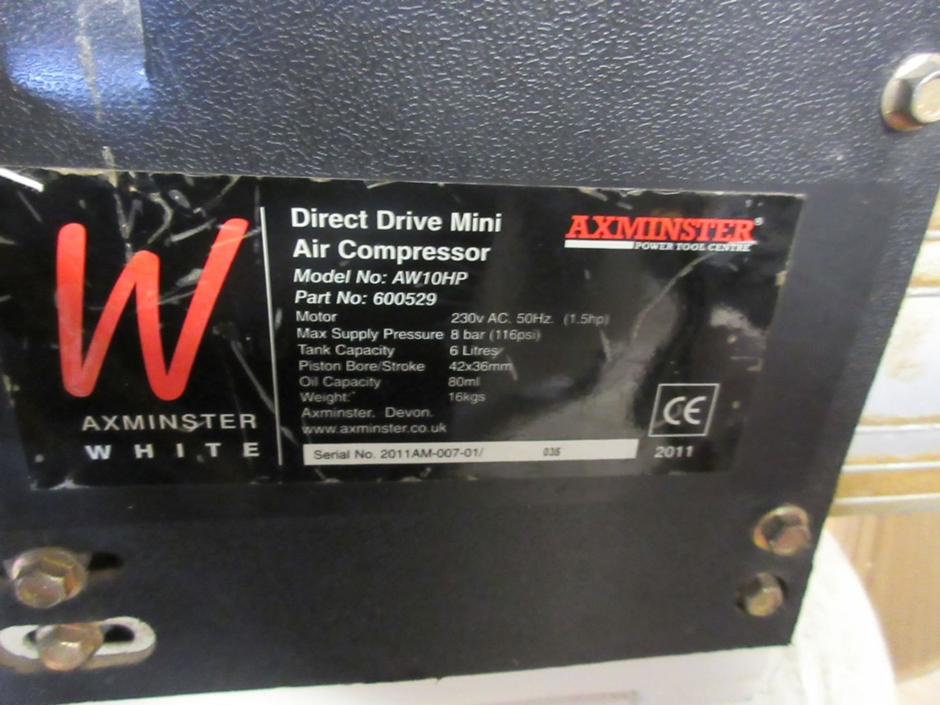 Axminster AW10HP portable direct drive air compressor, 6 litre, serial number: 2011AM-007-01 (2011), - Image 2 of 3