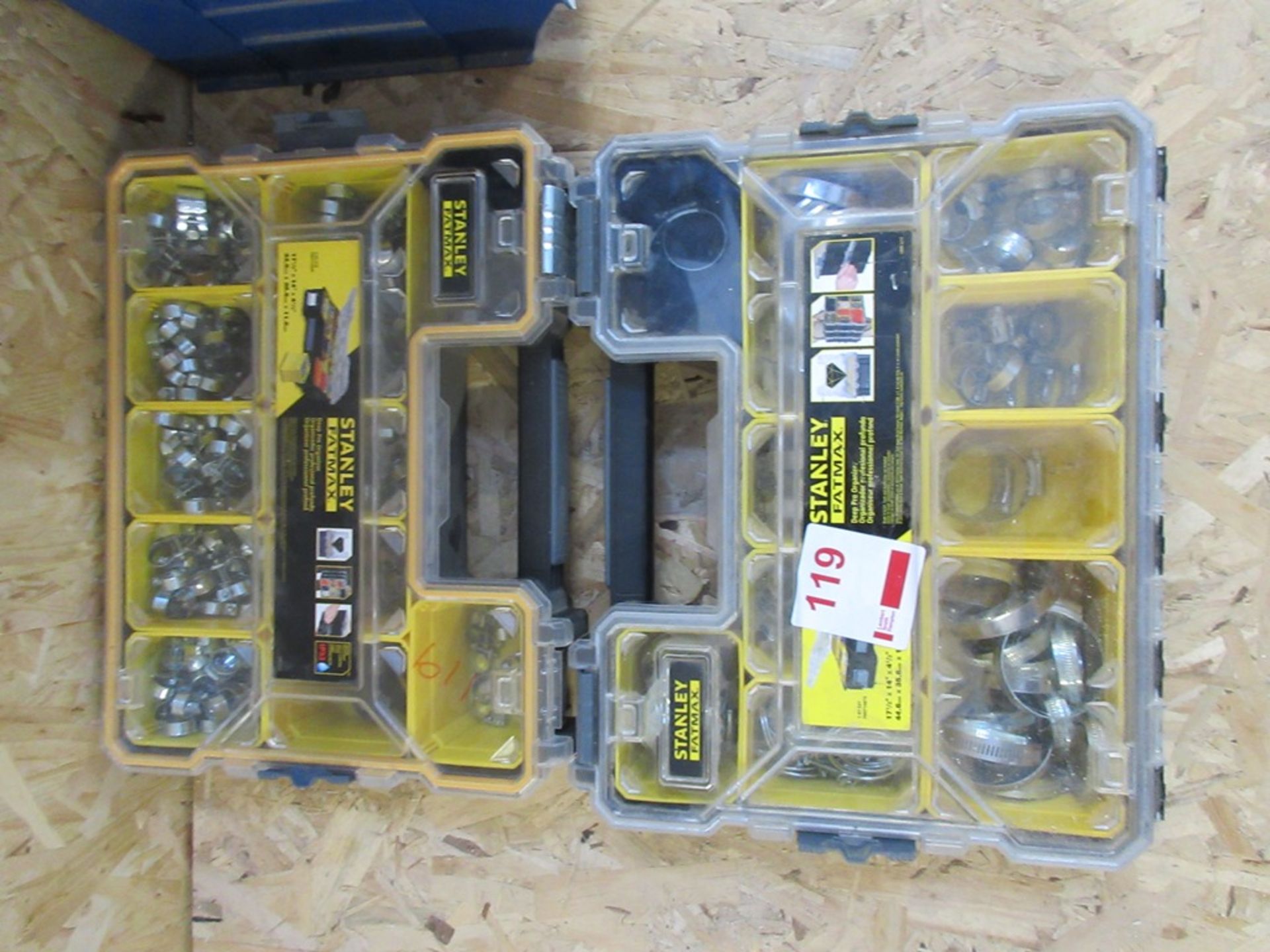 Two Stanley Fatmax sectional carry cases with contents including circlips, pipe clips etc.