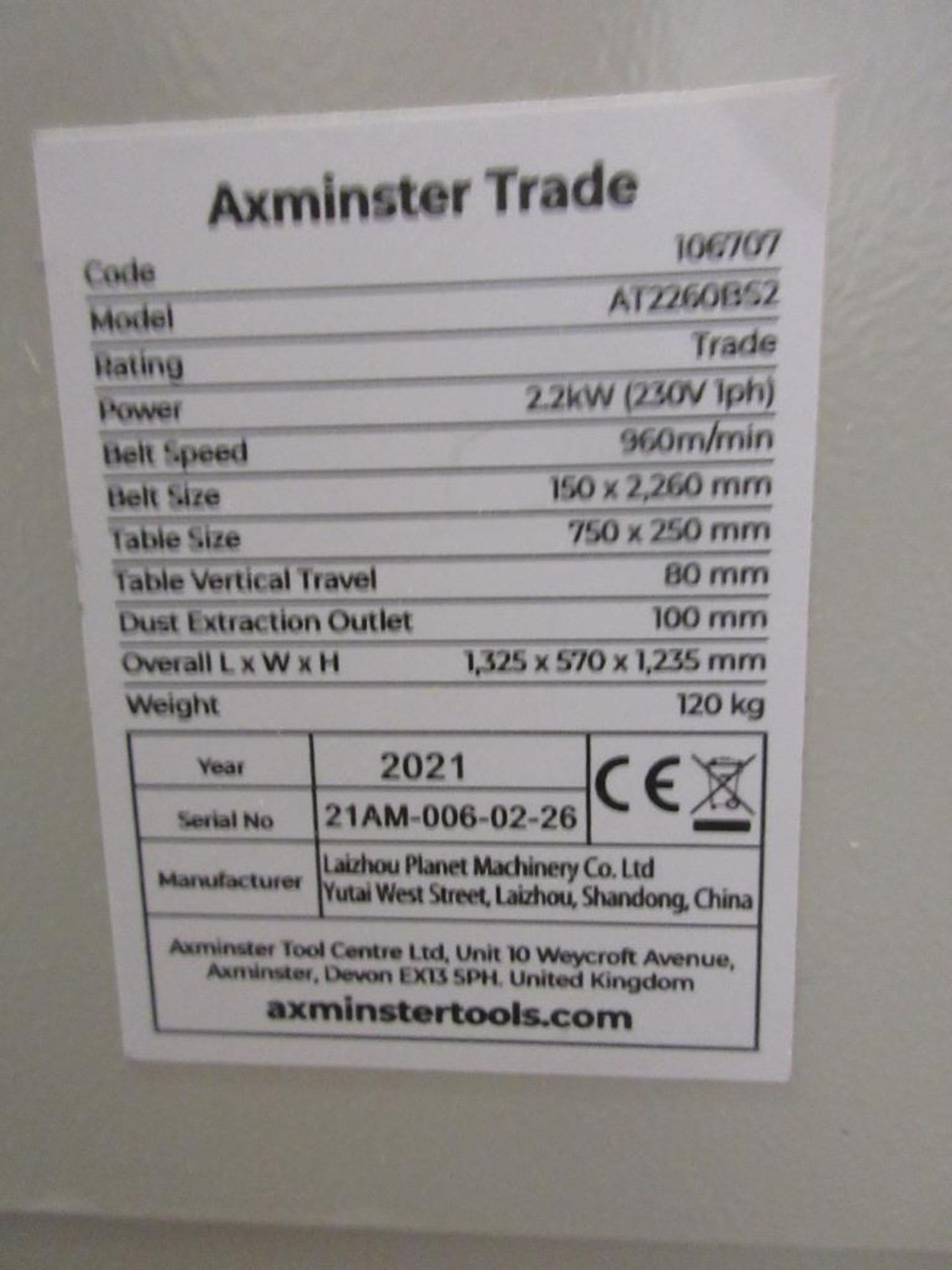 Axminster AT2260BS2 belt sander, belt size 150 x 2260mm, table size: 750mm x 250mm, serial number: - Image 2 of 5