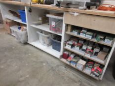 Contents of workbench and 2 x multi drawer storage units including screws, tape, nuts, bolts, etc.