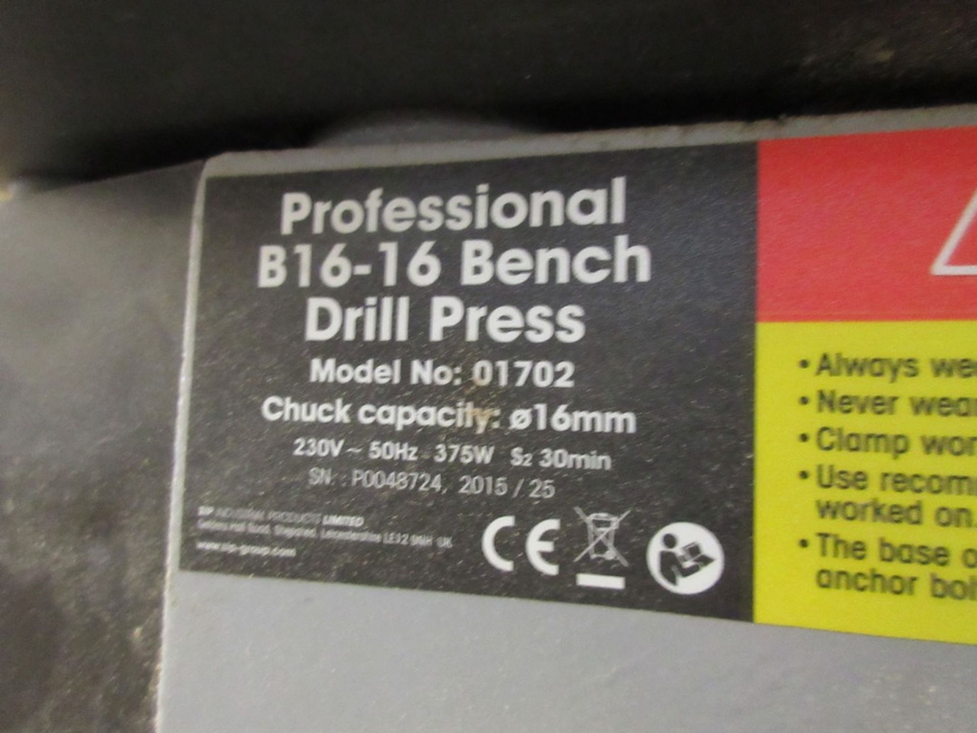 SIP Professional B16-6 bench drill, model 01702, serial number: POO48724, rise & fall table ( - Image 3 of 4