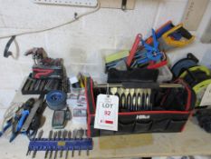 Miscellaneous lot including various tools, sanding discs, hole saws, square, drill bits, 'T' keys