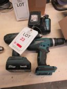 Two Makita HP475D cordless drills, 2 x batteries, 1 x charger