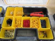 Three storage cases with contents including multimeter, wire crimpers, wire strippers, assortment of