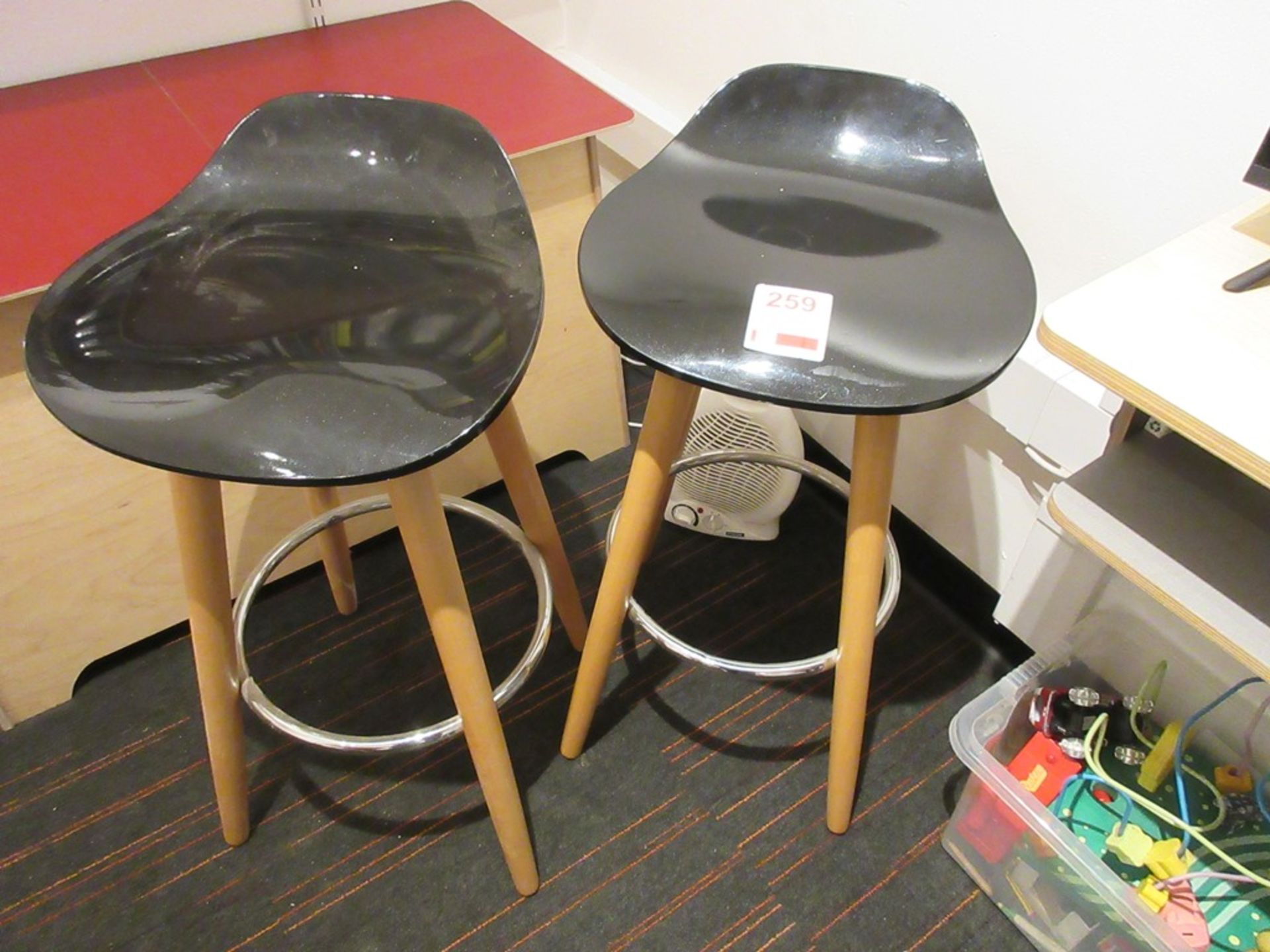 Two timber frame / plastic seat bar stools