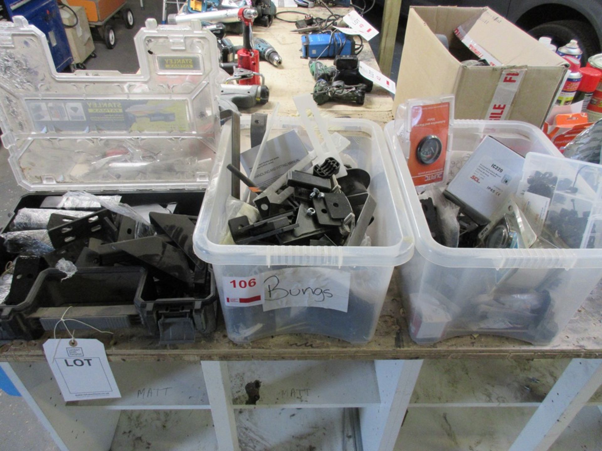Miscellaneous lot including brackets, fittings, electrical gauge, charge over switch, etc.