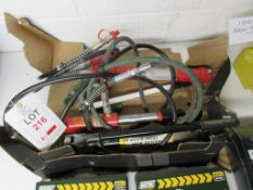 Two hydraulic body frame repair kits, 10 to capacity, 110v transformer, tool box and contents, as