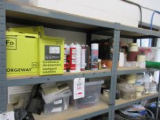 Contents of 2 x shelves including masking tape, Universal protector, various sealants etc.