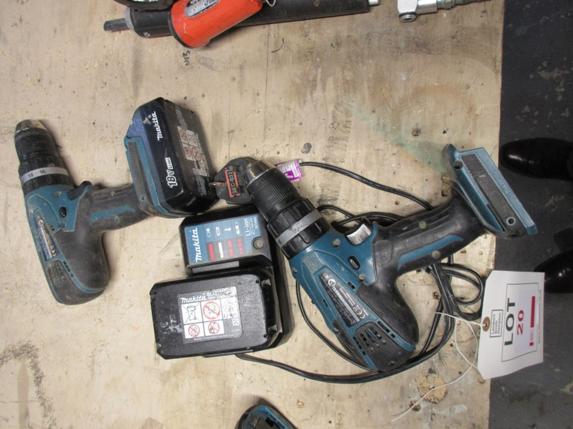 Two Makita HP457D cordless hammer drills, 18v, 2 x batteries, 1 x charger