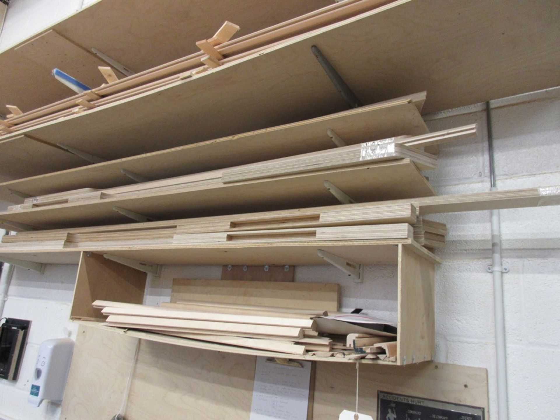 Contents of shelves including solid timber corner posts, plywood profiles etc., as lotted - Image 2 of 4