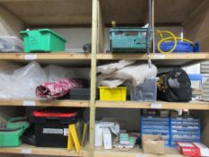 Contents of 3 shelves including 2 x plastic multi drawer storage units, hand tools, bubble wrap,