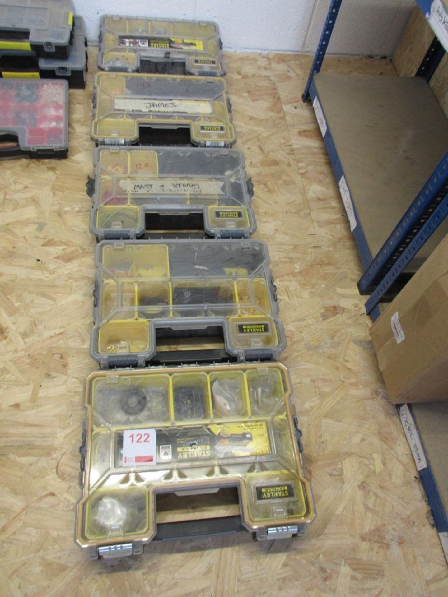 Five Stanley Fatmax sectional carry cases with contents including assorted electrical connectors,